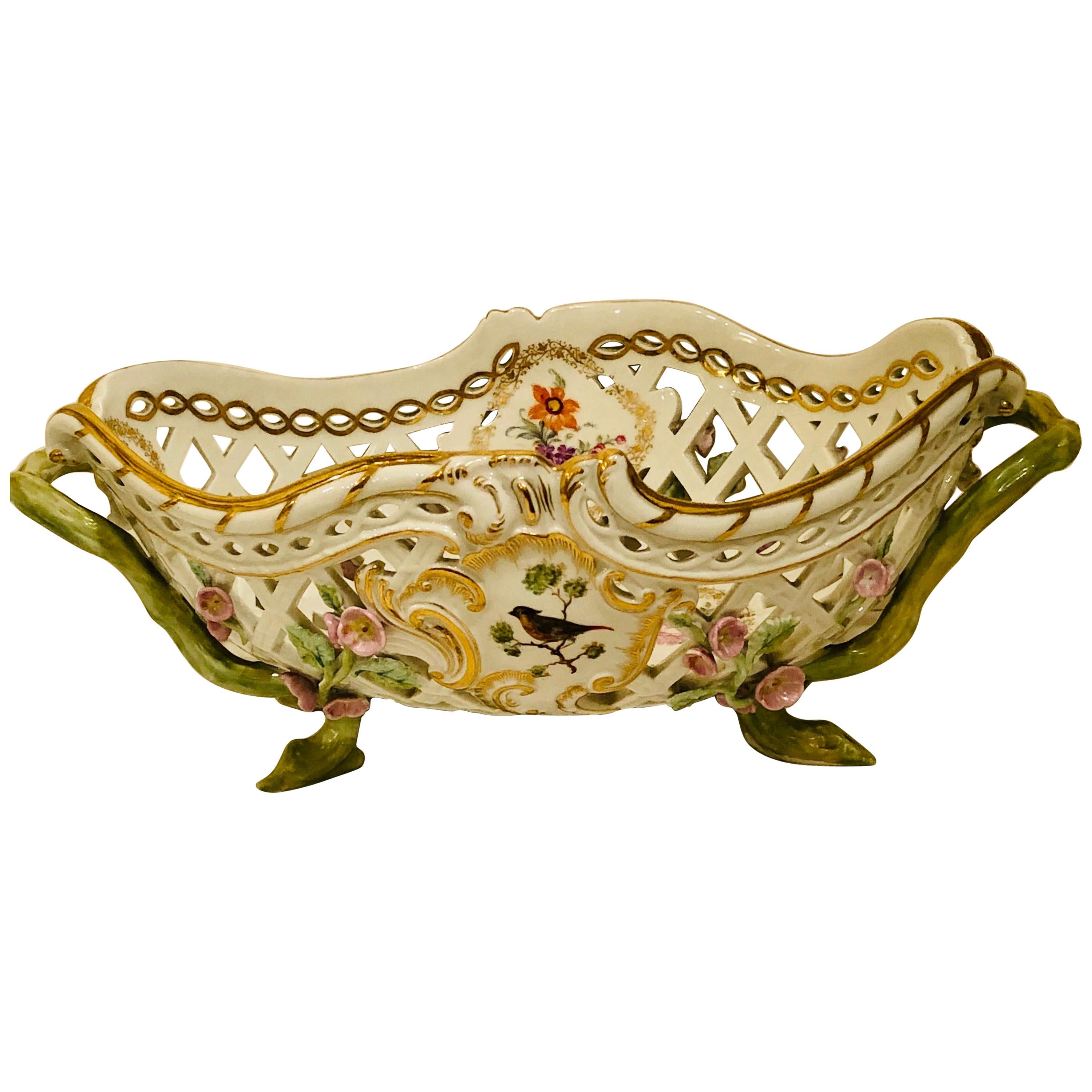KPM Openwork Bowl with Raised Pink Flowers and Painted Birds on Both Sides For Sale