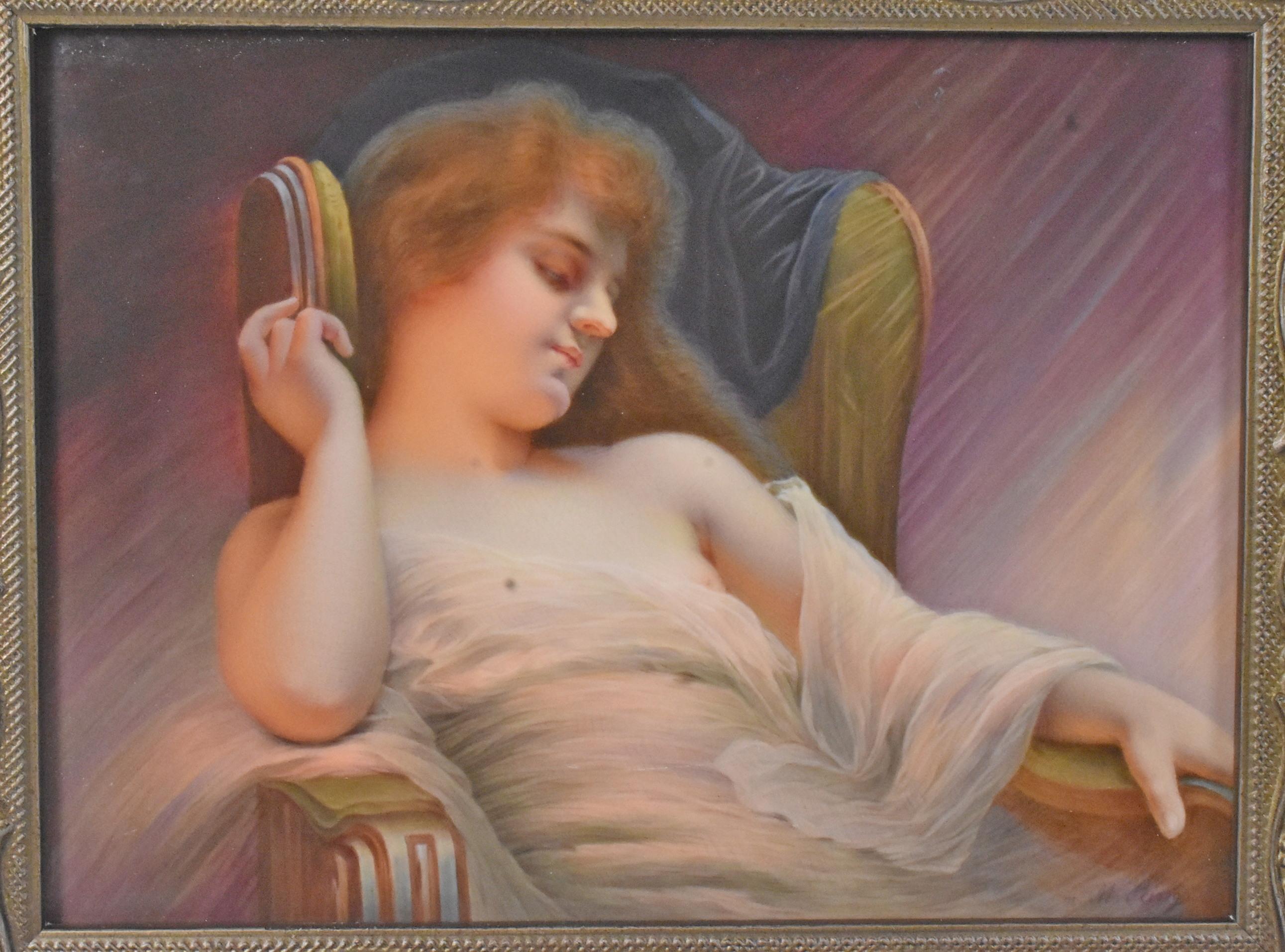 K.P.M Painting on Porcelain signed M. Ring and Am Ramin, circa 1837-1844, Mid-19th Century. Red headed woman reclining in chair, mauve and purple tones, the pink undertones are the true color. Impressed on back K.P.M and scipter dating it to