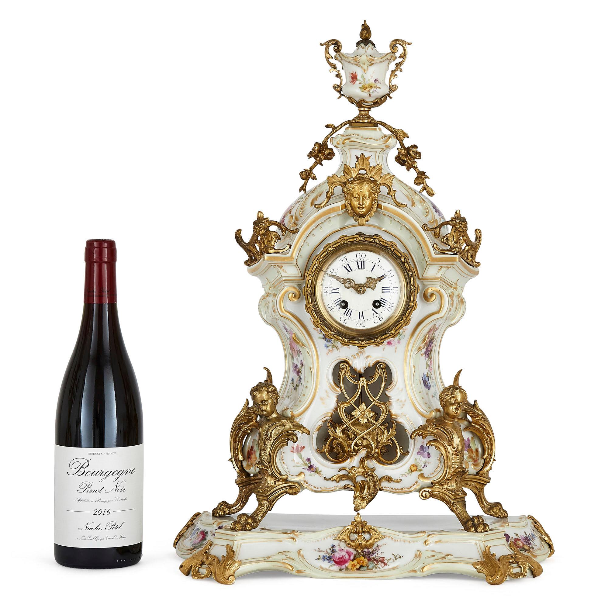 German KPM Porcelain and Gilt Bronze Rococo Style Clock Set For Sale