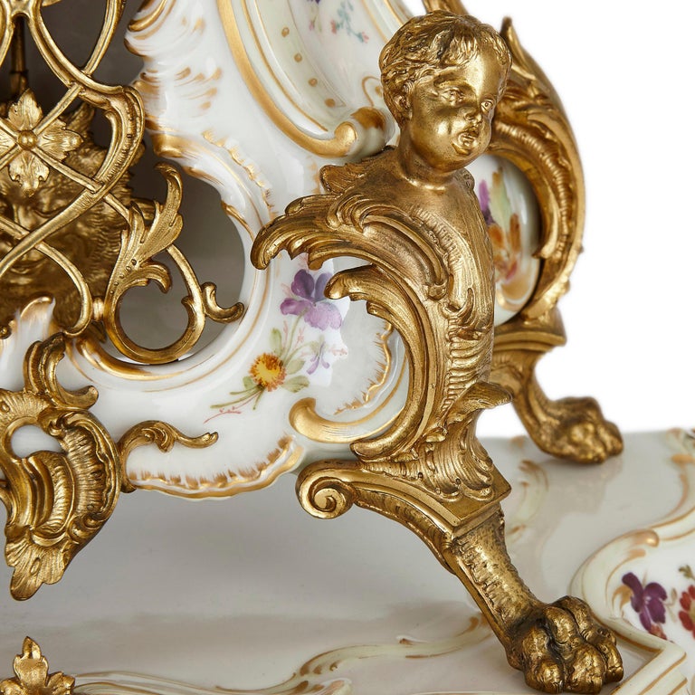KPM Porcelain and Gilt Bronze Rococo Style Clock Set For Sale 2