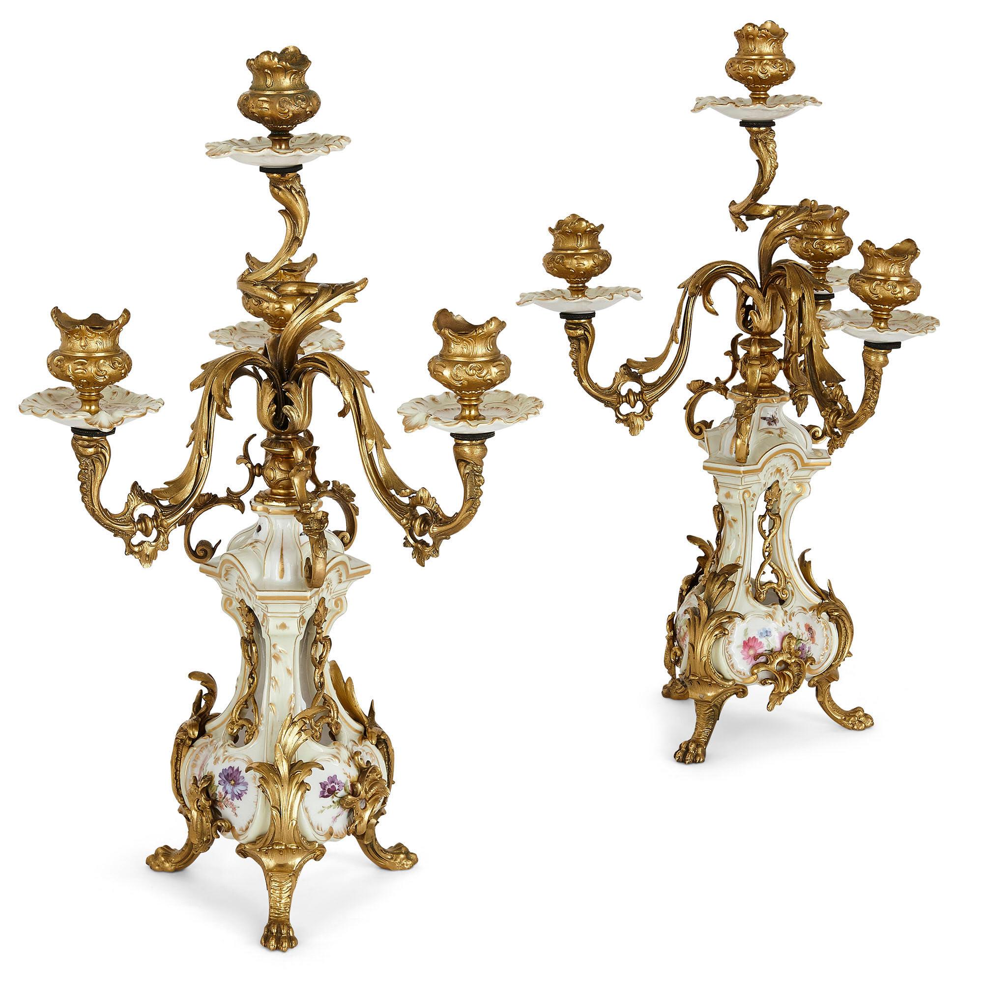 KPM Porcelain and Gilt Bronze Rococo Style Clock Set For Sale 3