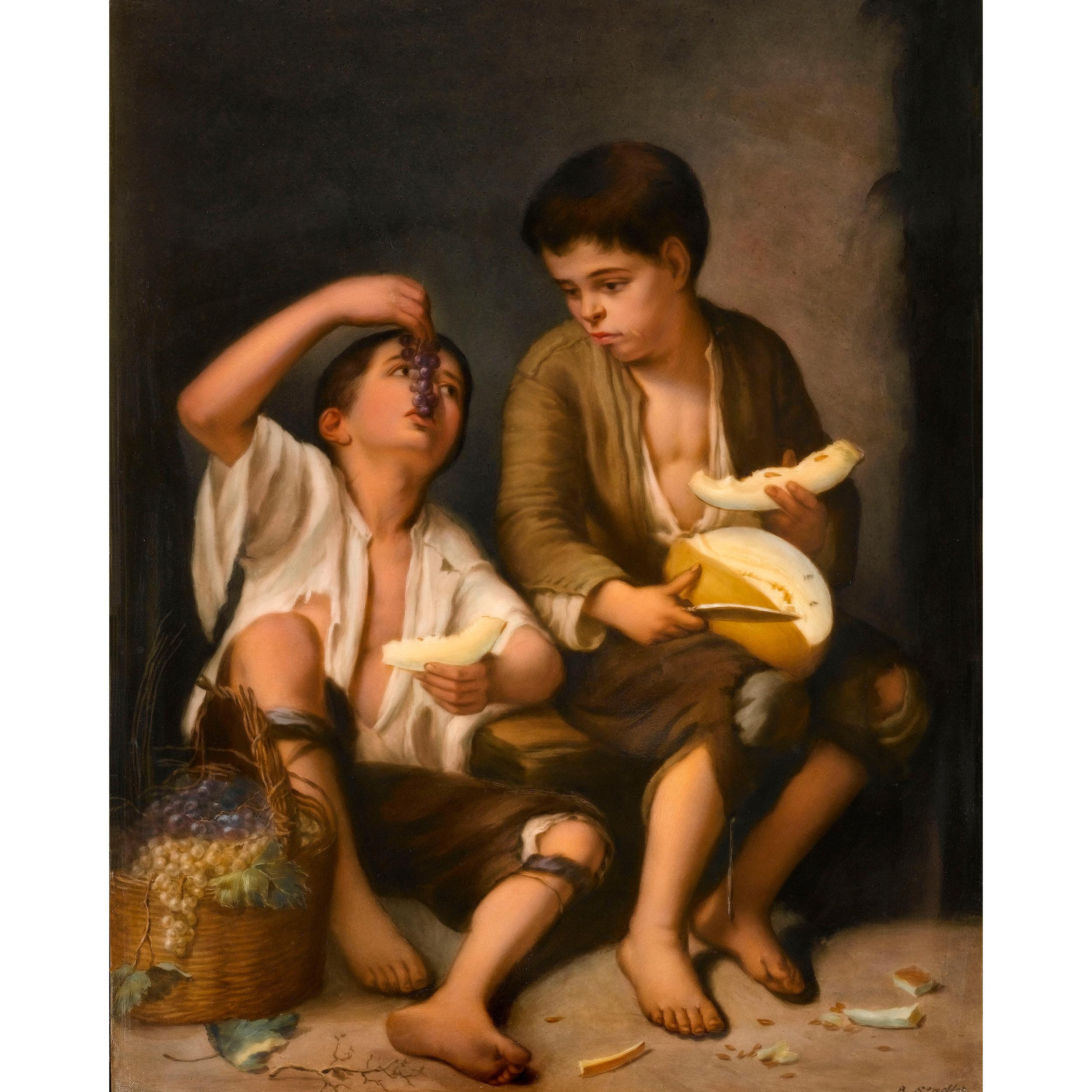 Painted after a work by 17th century Spanish artist Bartolome Esteban Murillo (1617-1682), this enchanting KPM painting on porcelain is a beautiful rendering of the artist's original work of two Neapolitan urchins eating fruit. Entitled 