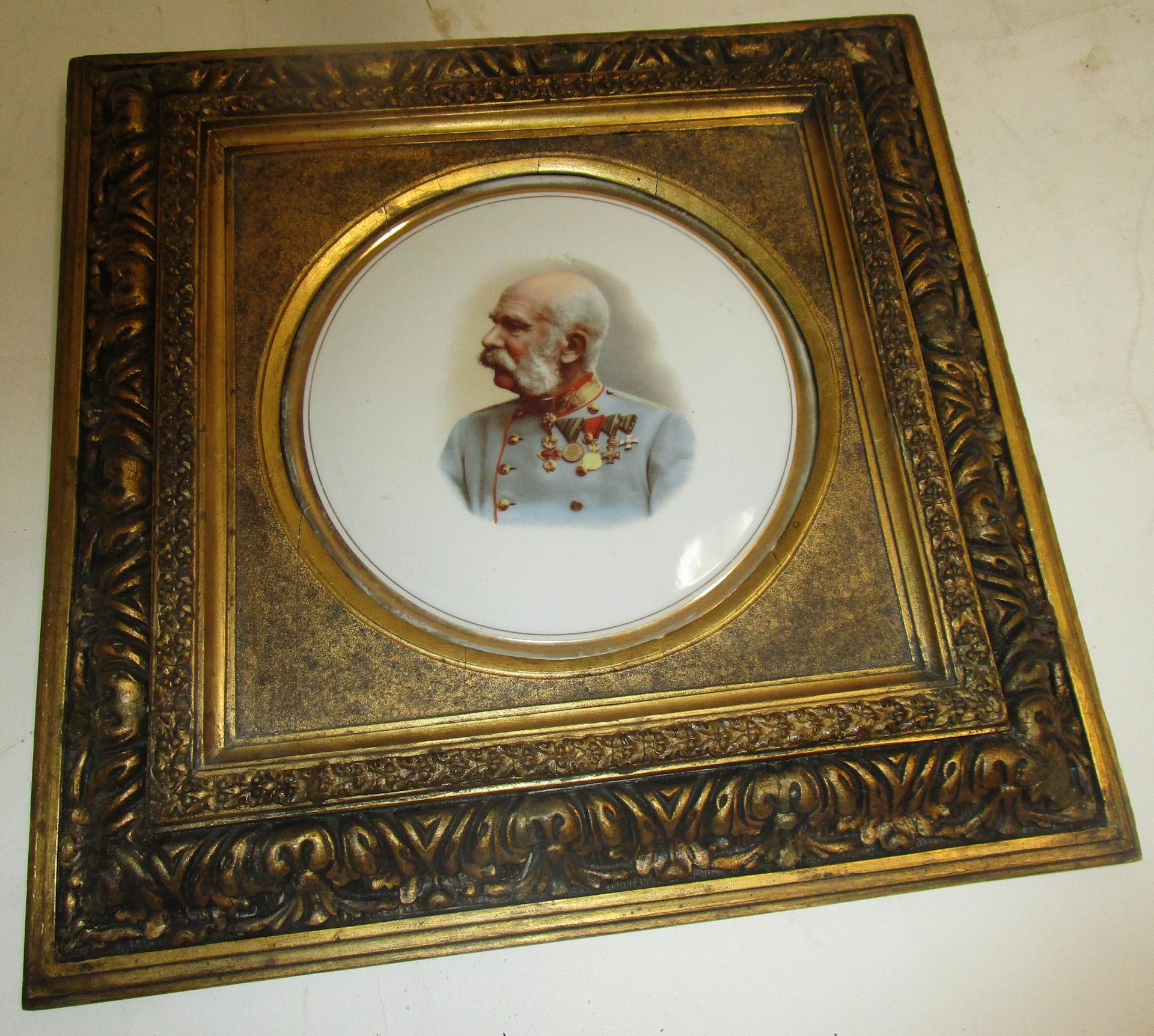 Baroque Revival KPM Porcelain Painting of Franz Josef of Austria in Ornate Giltwood Frame For Sale