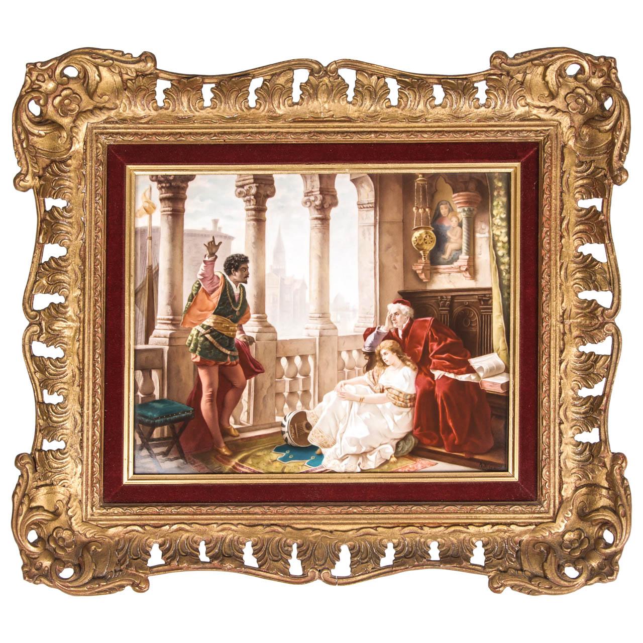 Plaque en porcelaine de KPM représentant une scène de la pièce Othello de Shakespeare, d'après le tableau de Carl Ludwig Friedrich Becker (allemand, 1820-1900). 

Signé 