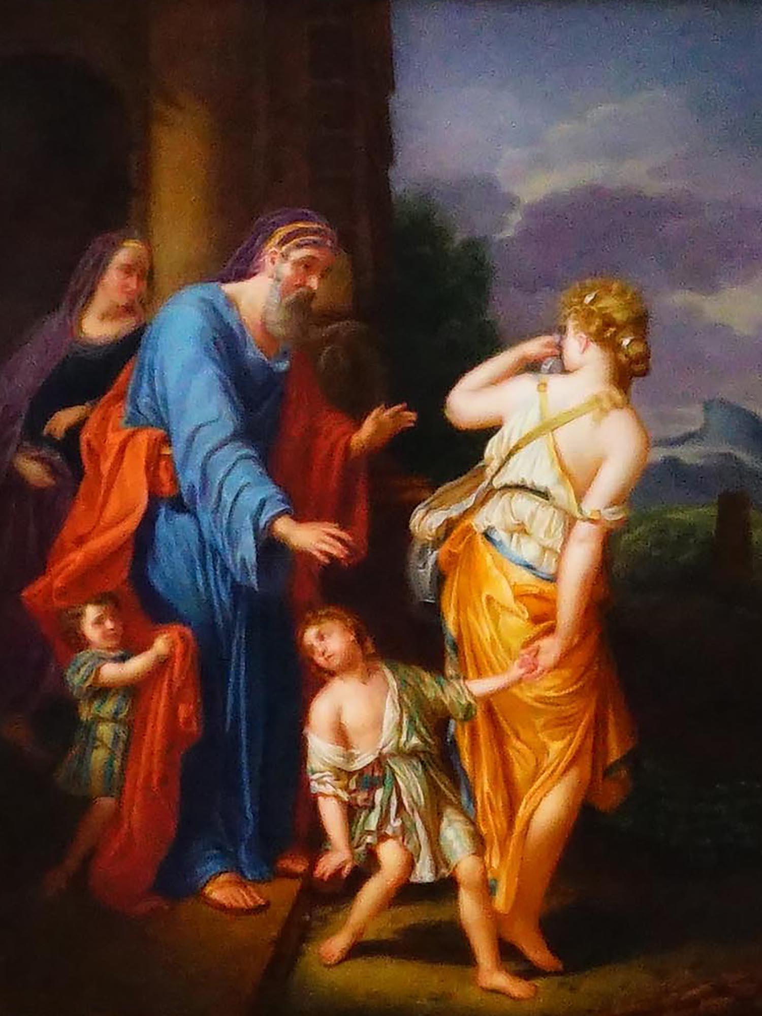 Very fine quality Large hand-painted porcelain plaque from KPM in giltwood frame depicting the biblical scene of Abraham expelling Hagar and her son Ishmael.  Rear with the impressed KPM and scepter marks, and size mark H.  
the size of the plaque