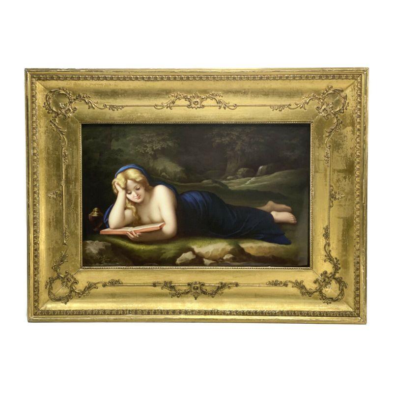 KPM Porcelain Plaque Mary Magdalene Reading after Corregio, 19th century

KPM porcelain plaque of Mary Magdalene Reading after Antonio Corregio, 19th century. The plaque depicts Mary Magdalene in blue velvet garbs reading a book while laying flat
