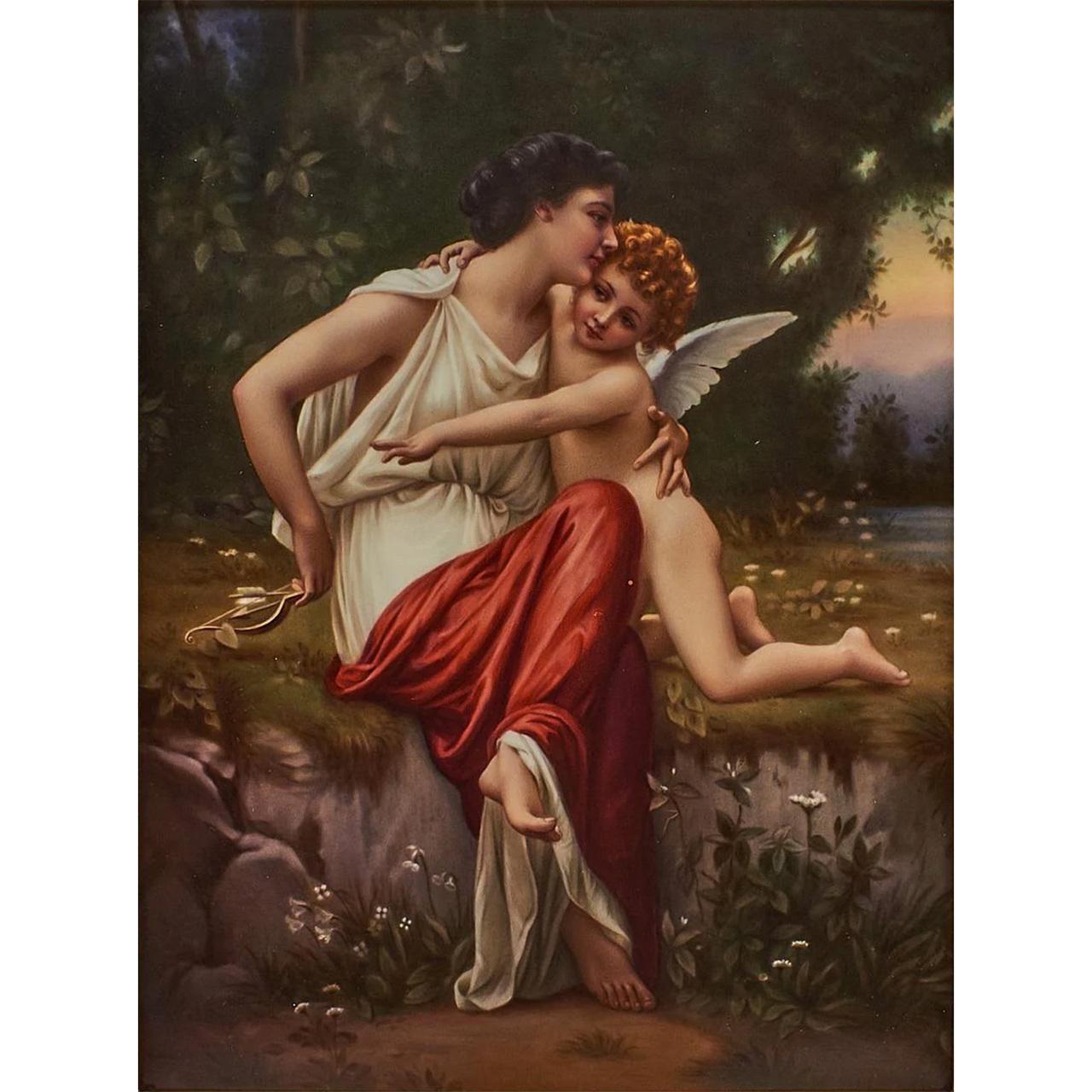 Hand-Painted KPM Porcelain Plaque of a Goddess and Cupid For Sale