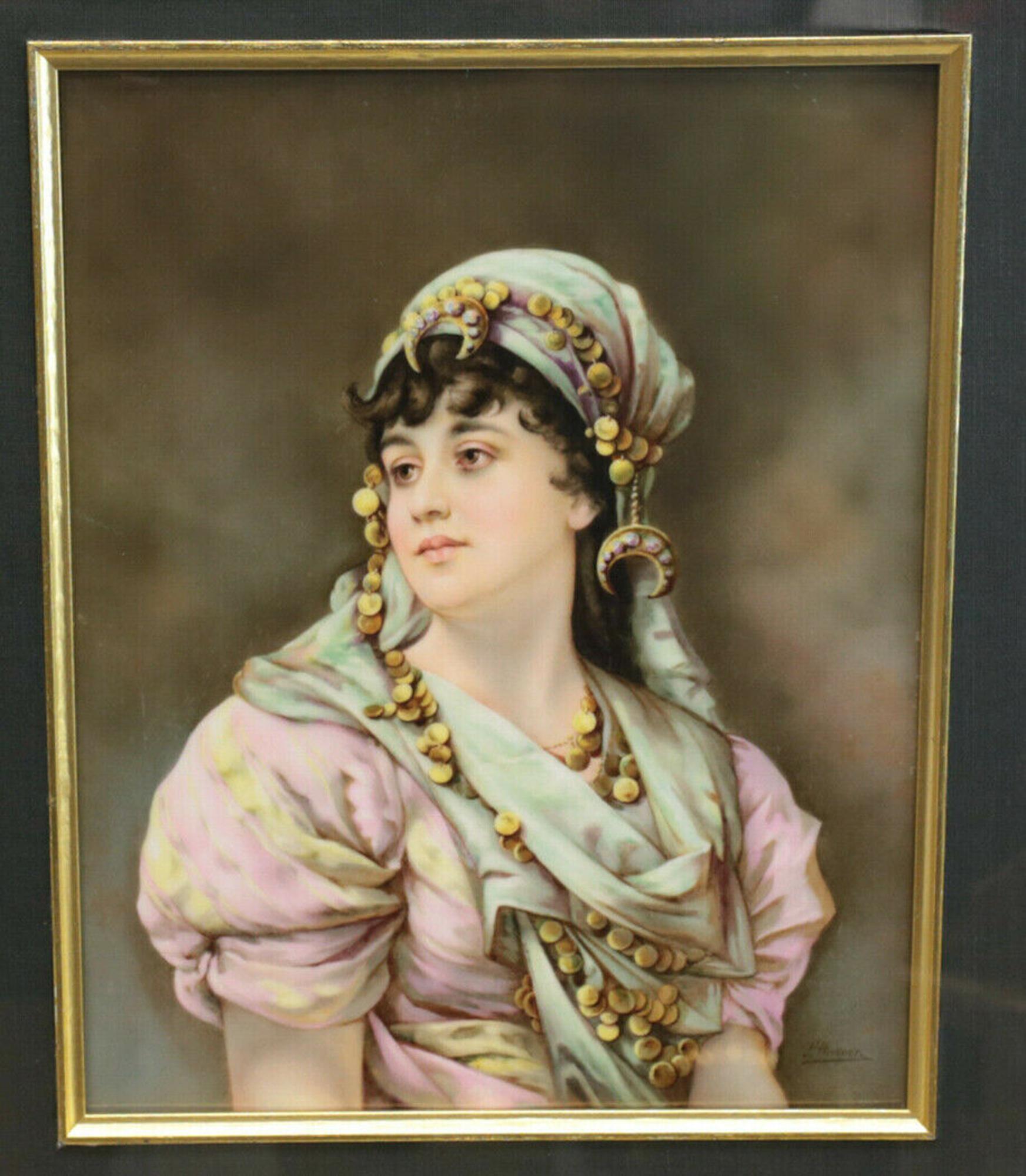 KPM hand painted porcelain figural plaque, 19th Century. The plaque depicts a profile portrait of a gypsy. Signed 