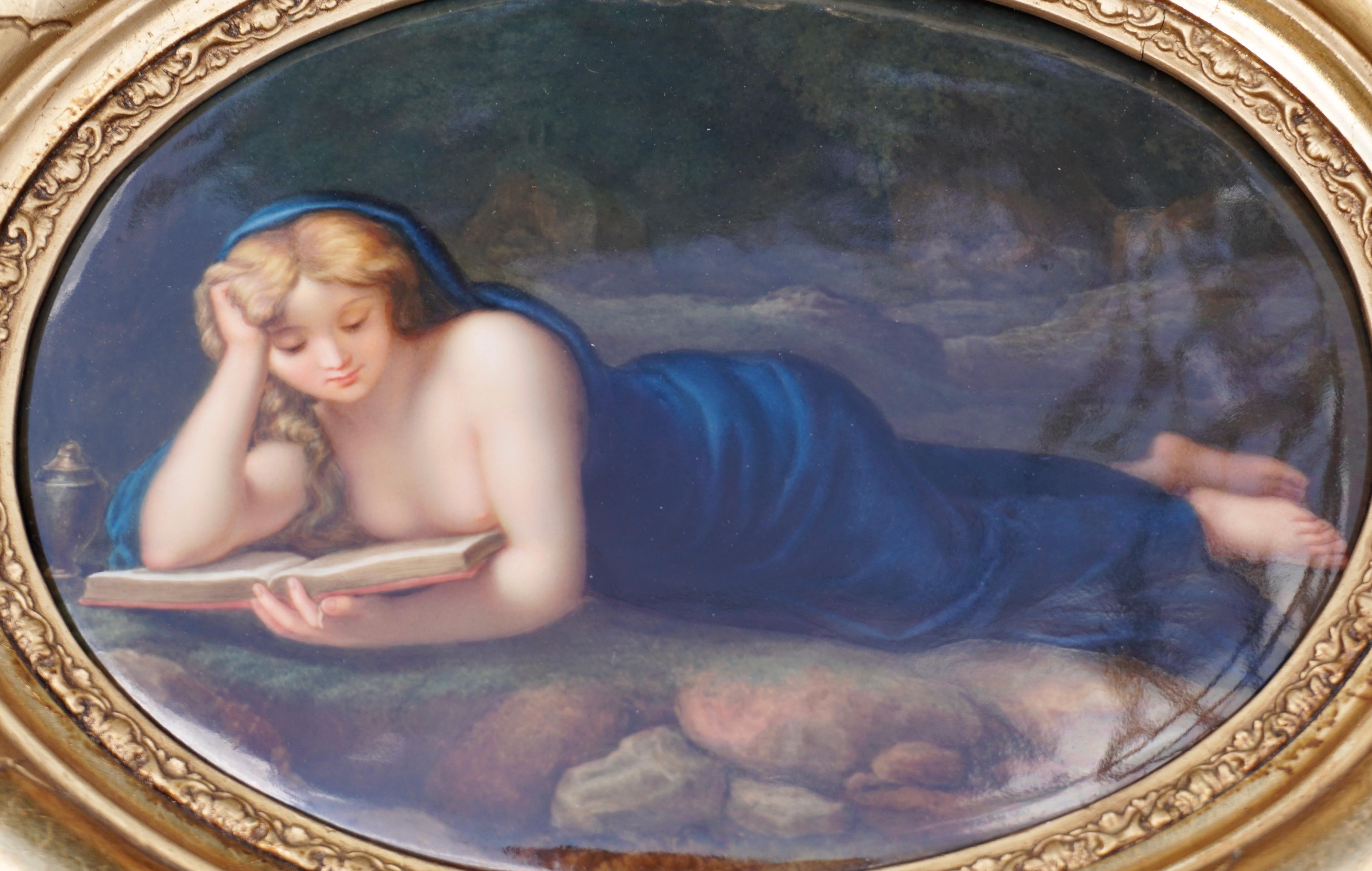 A stunning late 19th century Berlin KPM Porcelain plaque dating from circa 1887 of the penitent Magdalene after the paintings by Friedrich Heinrich Fuger and Correggio. A beautifully painted figure featuring Mary Magdalene lying outside against a