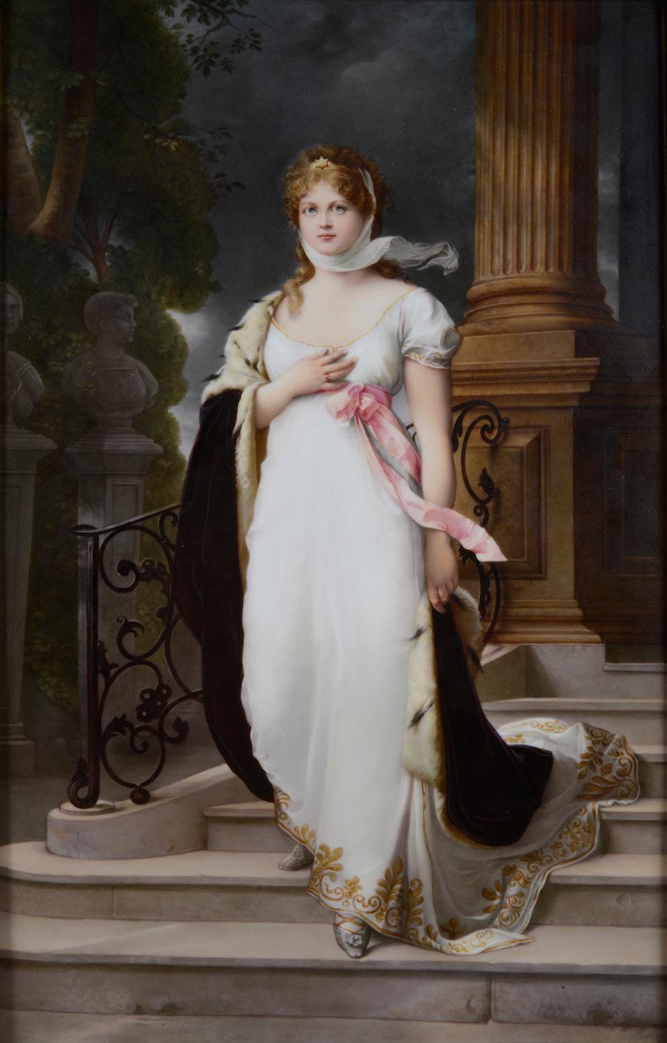 This beautiful KPM porcelain plaque replicates an extremely famous painting of Louise of Mecklenburg-Strelitz, the celebrated 19th century Prussian Queen.

The subject of this portrait is the Duchess Louise of Mecklenburg-Strelitz (1776-1810), the