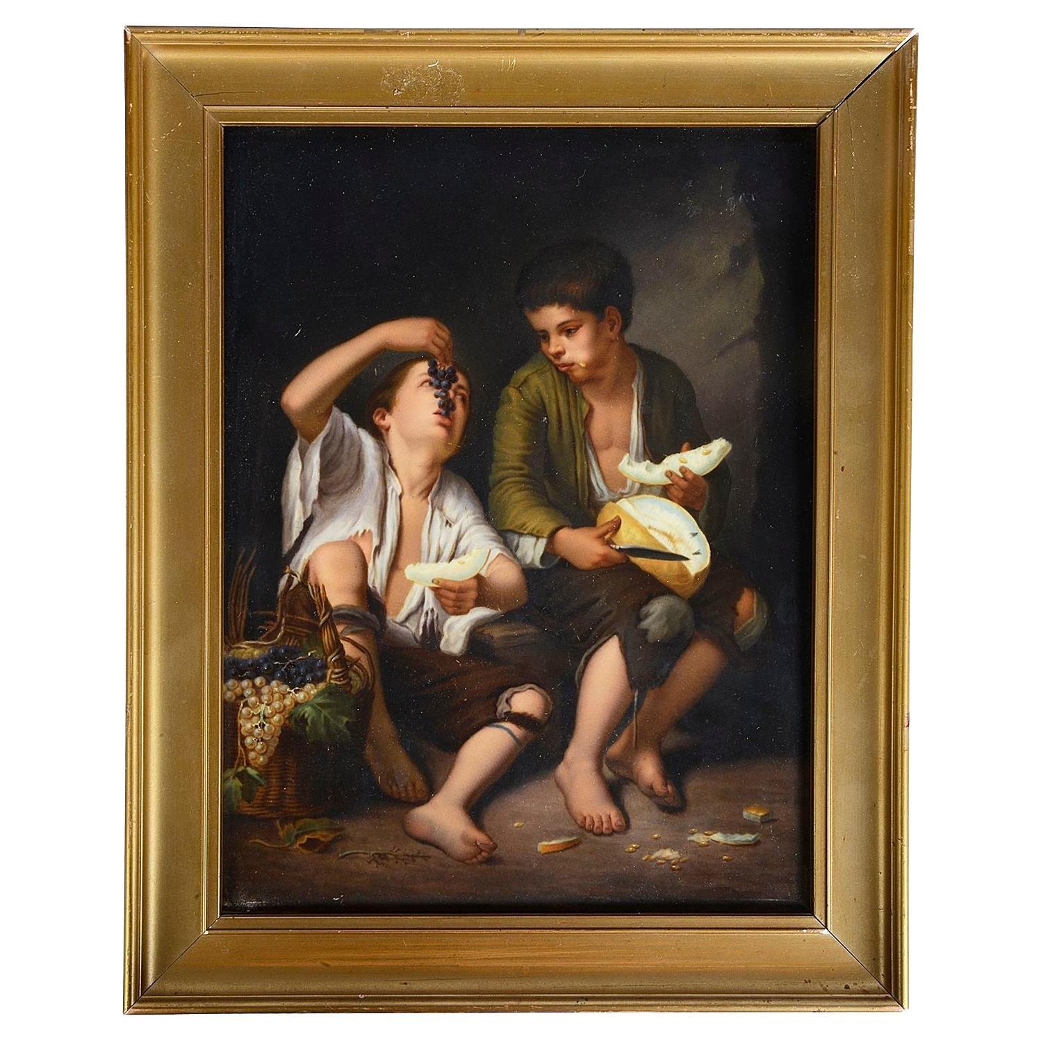 KPM porcelain plaque of young boys eating fruit, circa 1880