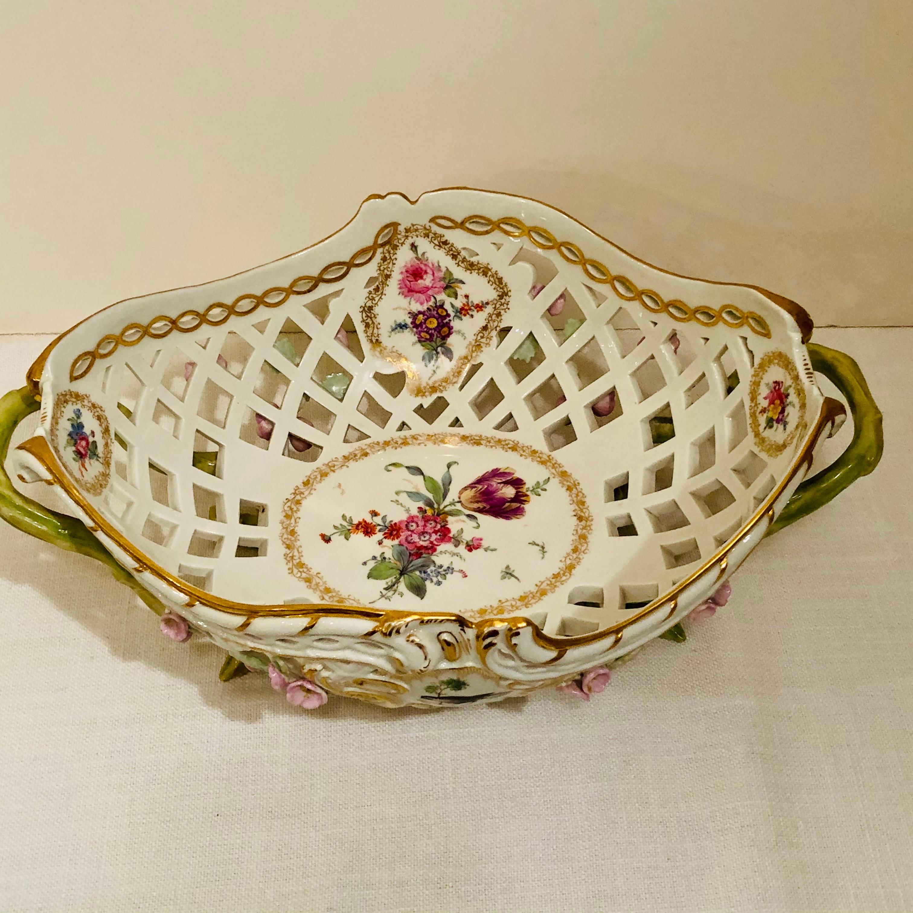 KPM Reticulated Bowl with Raised Pink Flowers and Painted Birds For Sale 2