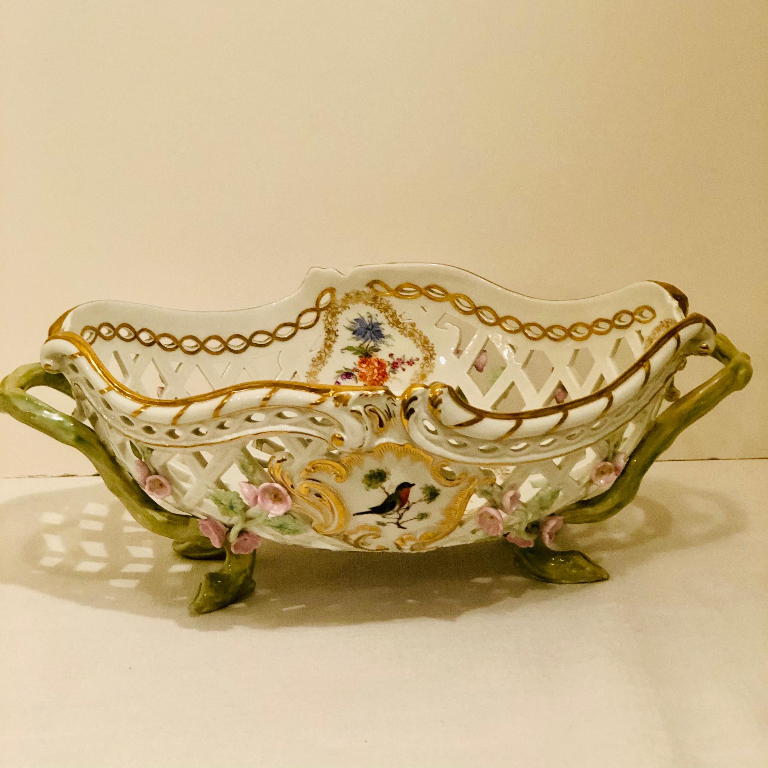 KPM Reticulated Bowl with Raised Pink Flowers and Painted Birds For Sale 4
