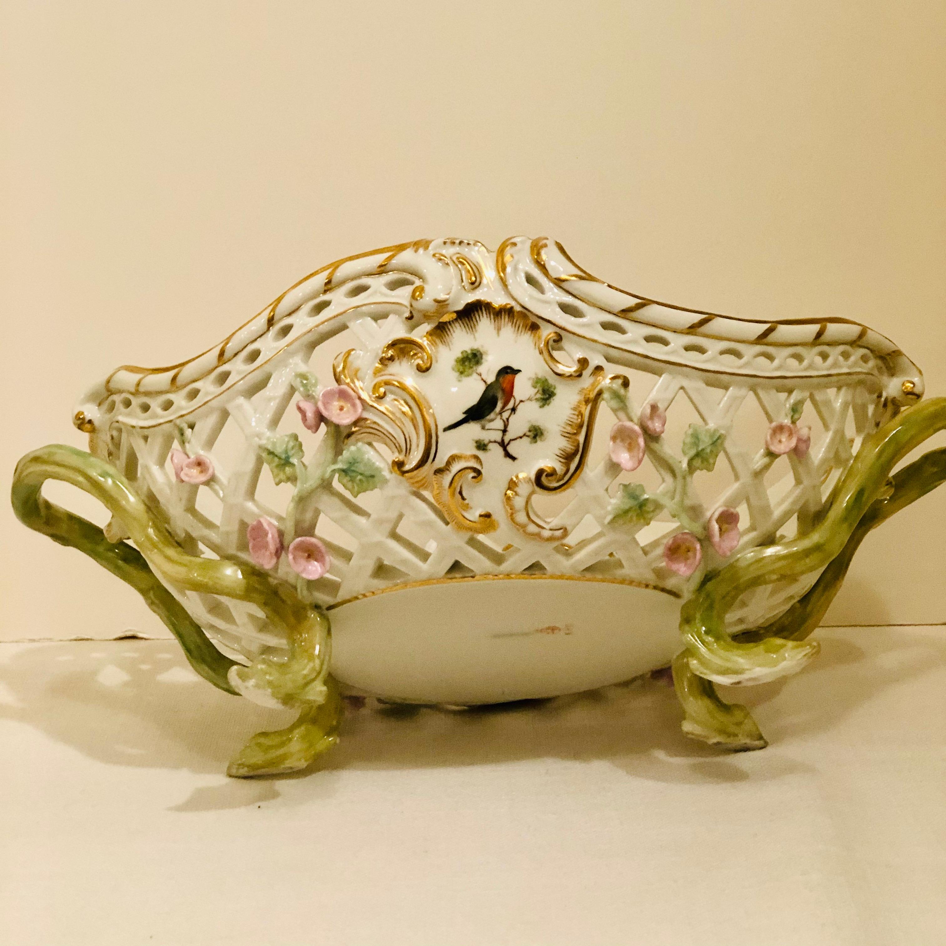 KPM Reticulated Bowl with Raised Pink Flowers and Painted Birds For Sale 6