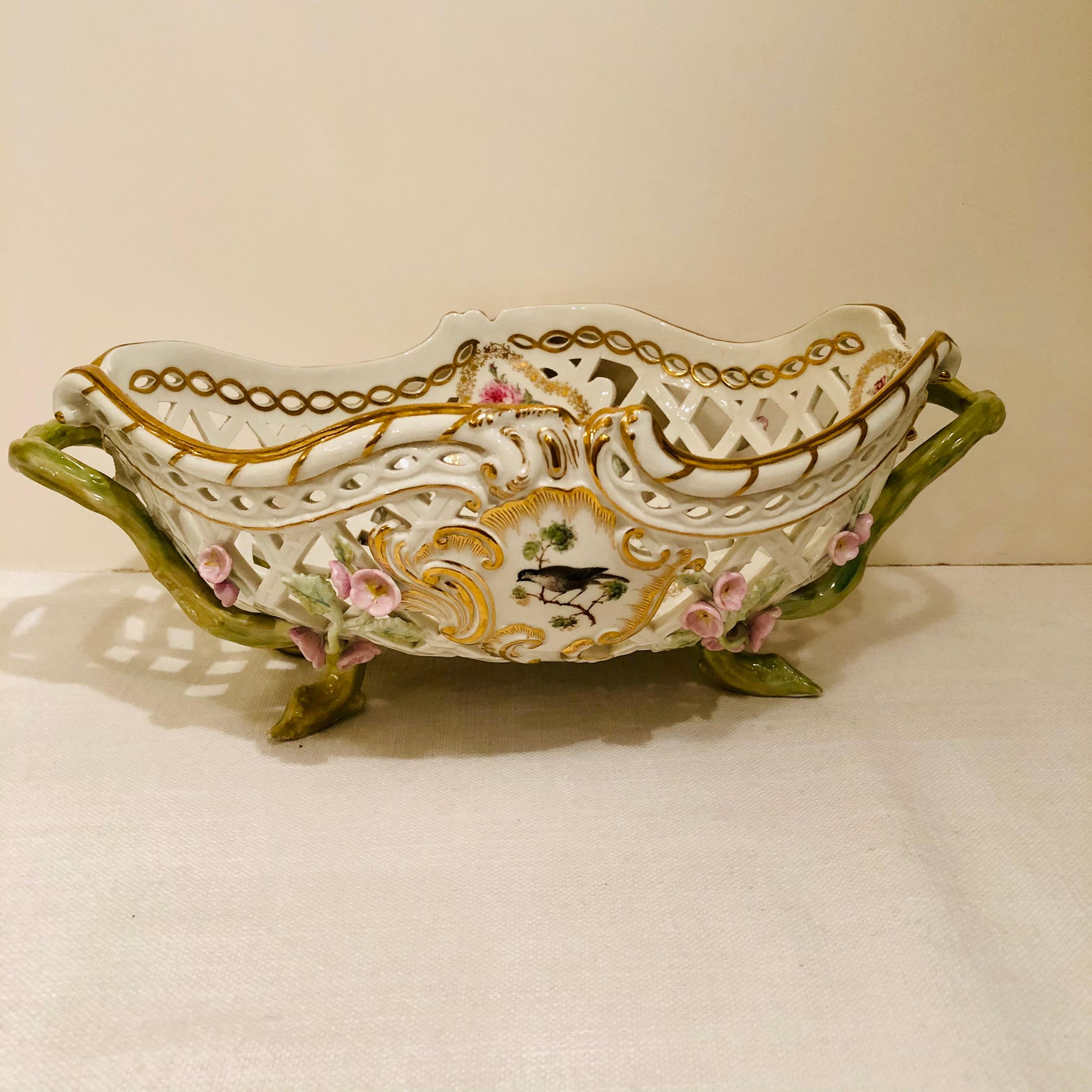 Romantic KPM Reticulated Bowl with Raised Pink Flowers and Painted Birds For Sale