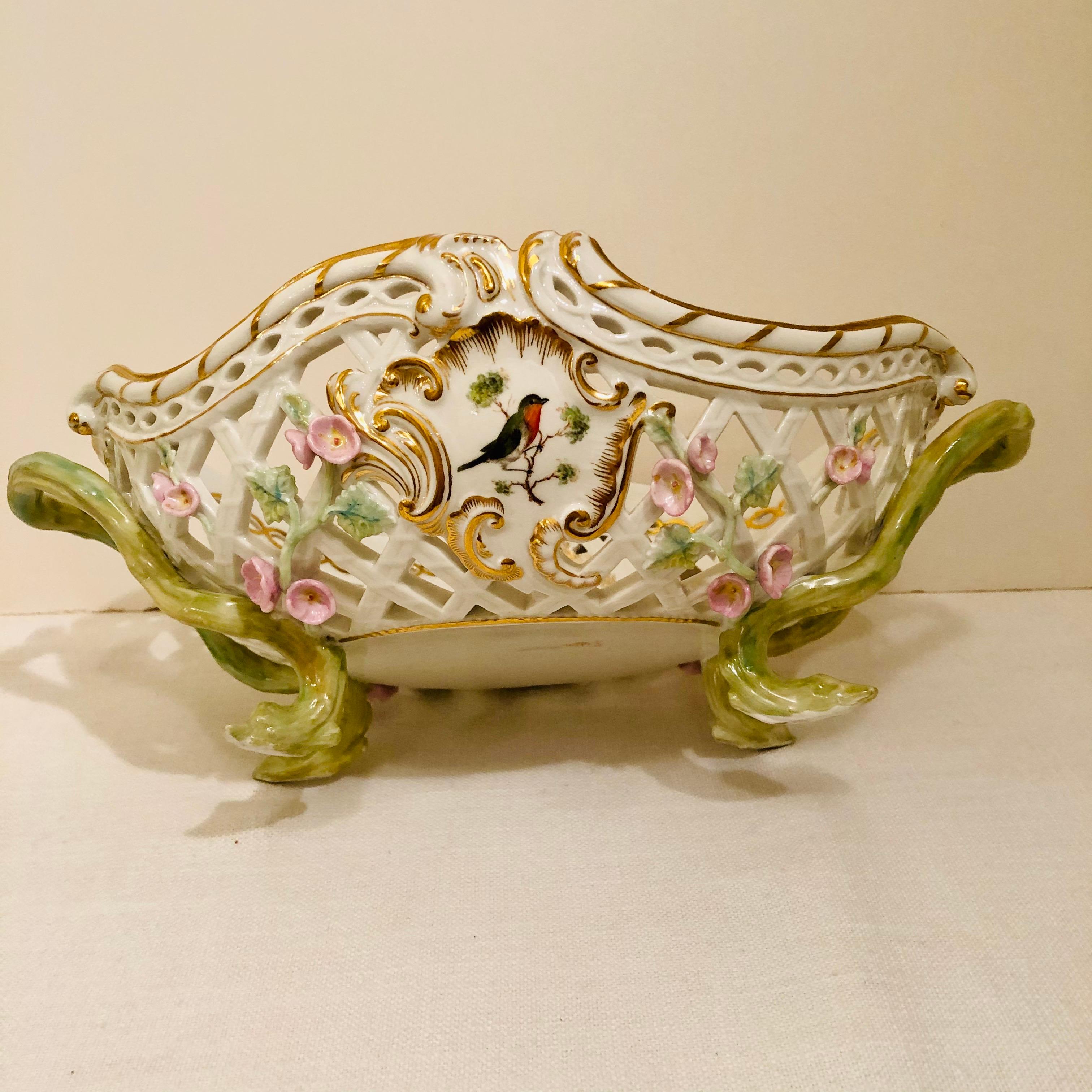 German KPM Reticulated Bowl with Raised Pink Flowers and Painted Birds For Sale