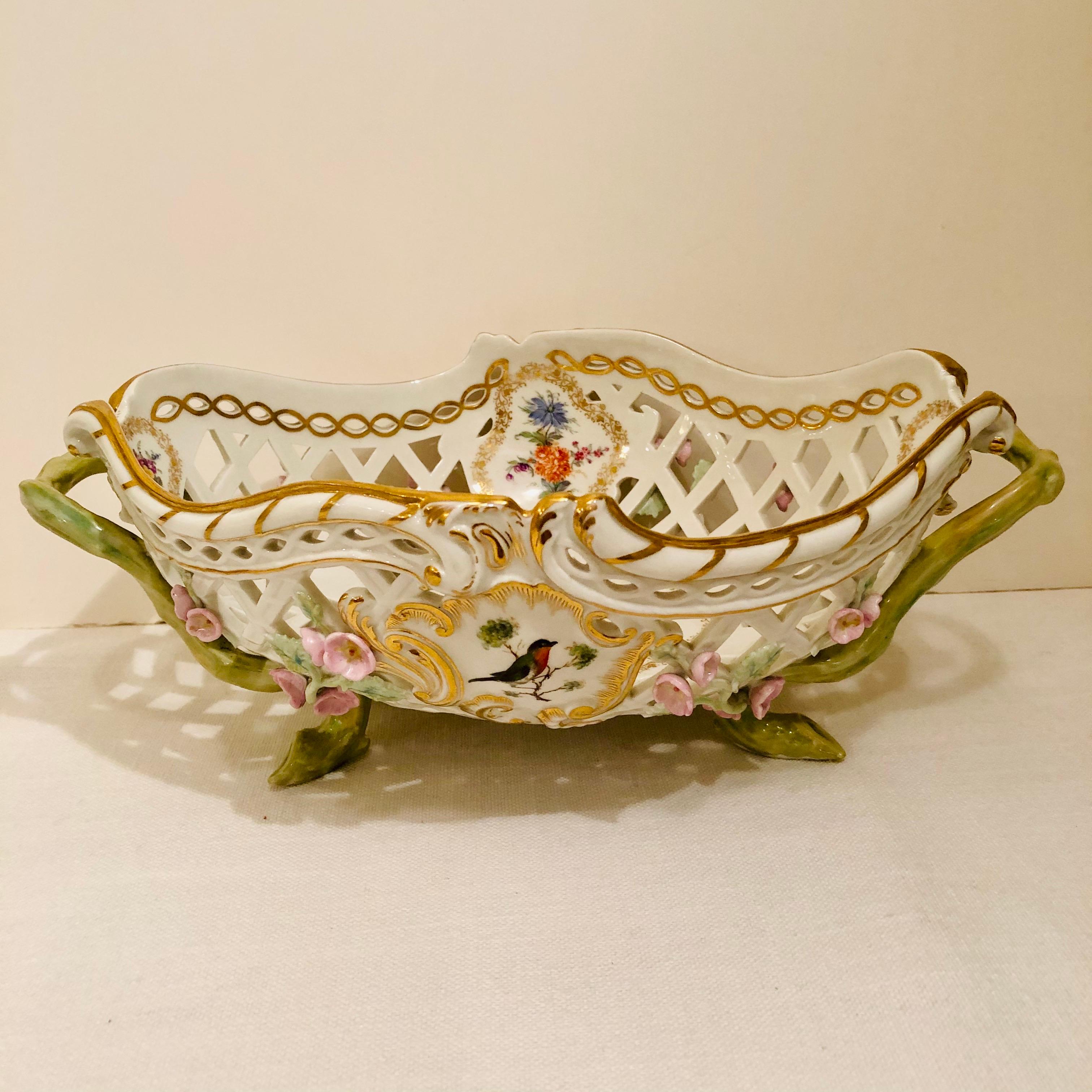 Hand-Painted KPM Reticulated Bowl with Raised Pink Flowers and Painted Birds For Sale