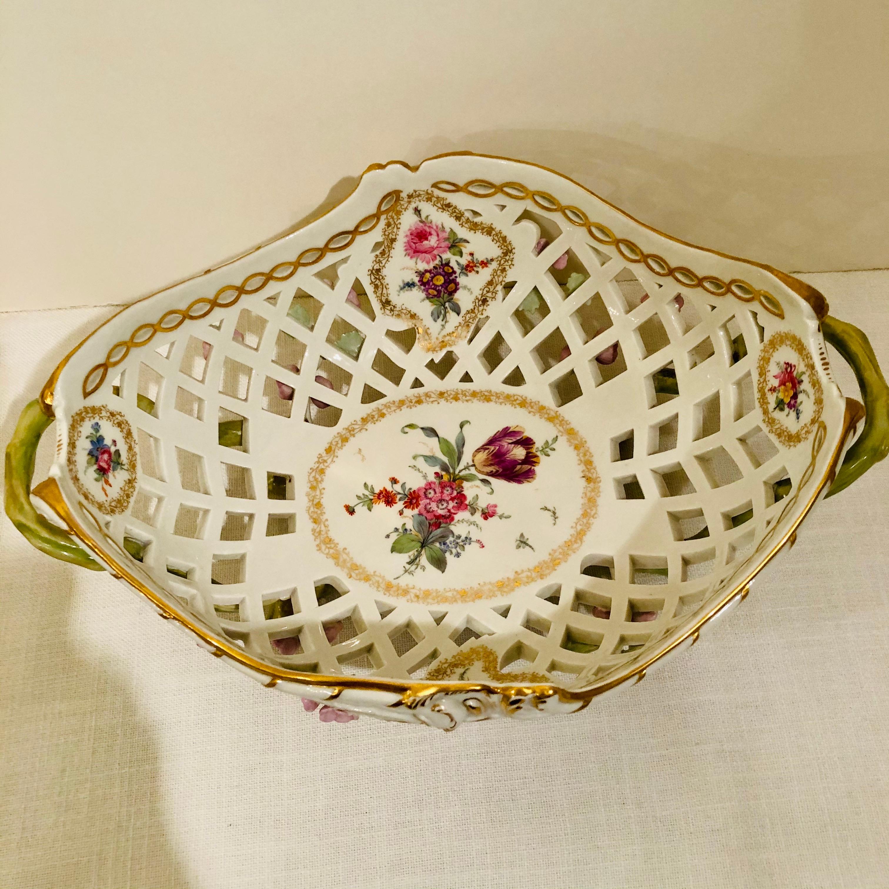 Late 19th Century KPM Reticulated Bowl with Raised Pink Flowers and Painted Birds For Sale