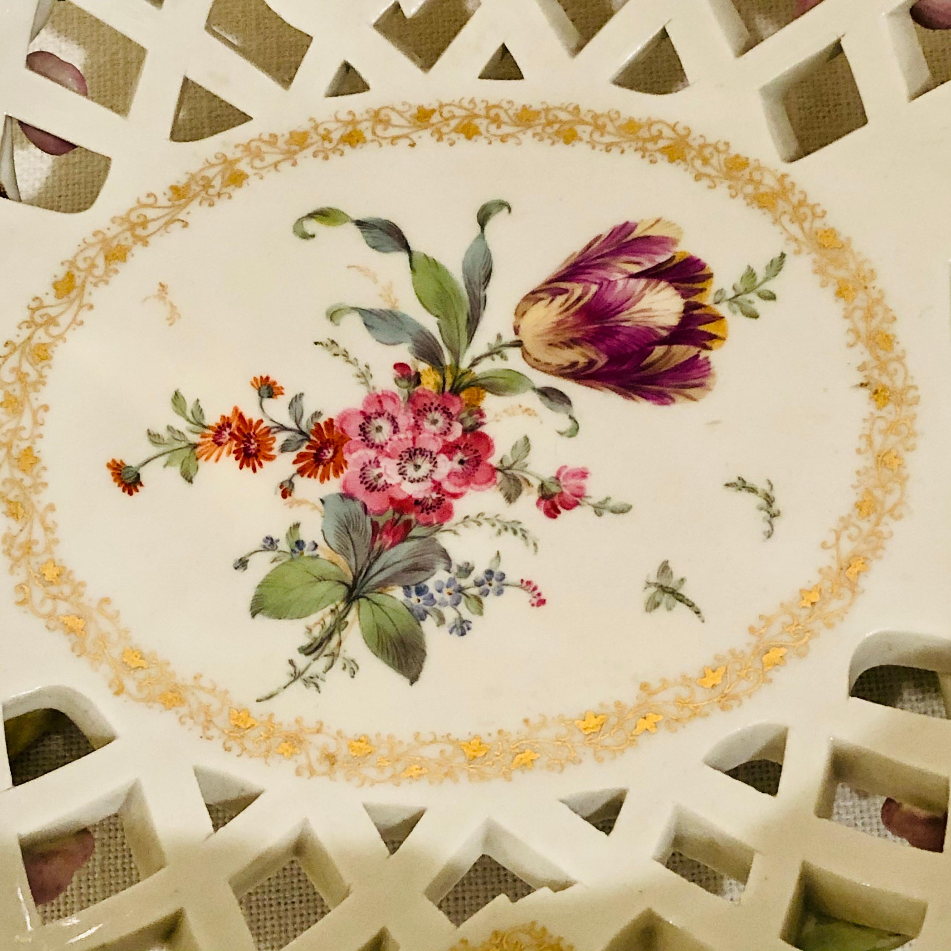 Porcelain KPM Reticulated Bowl with Raised Pink Flowers and Painted Birds For Sale