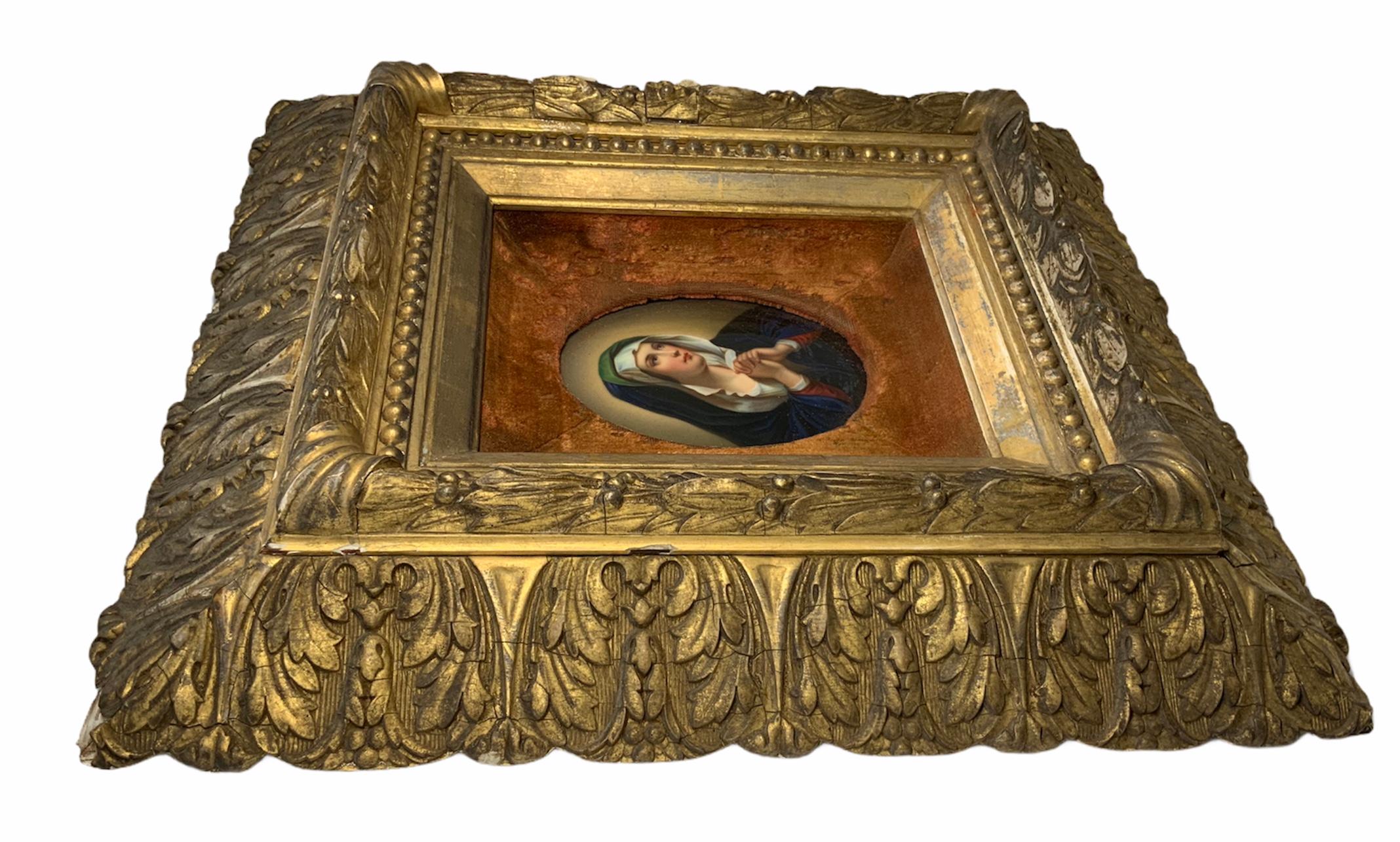 Hand-Painted KPM Style Porcelain Plaque Portrait of the Virgin Mary