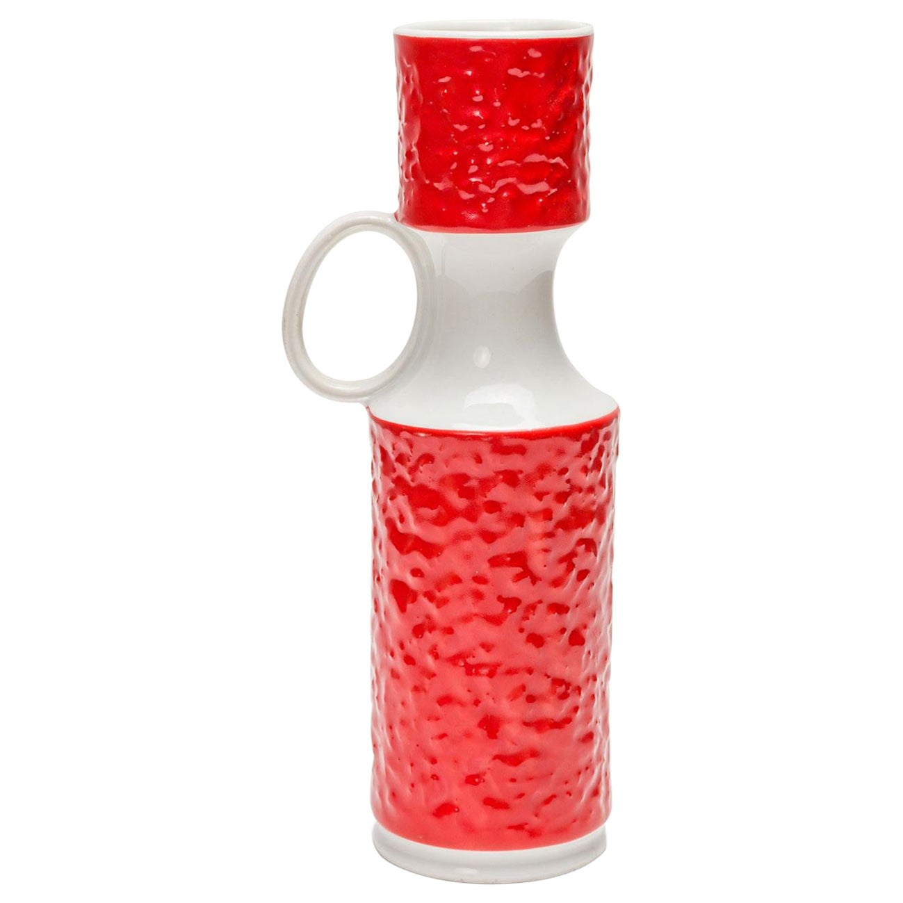 KPM West German Mid-Century Red and White Textured Porcelain Vase with Handle For Sale