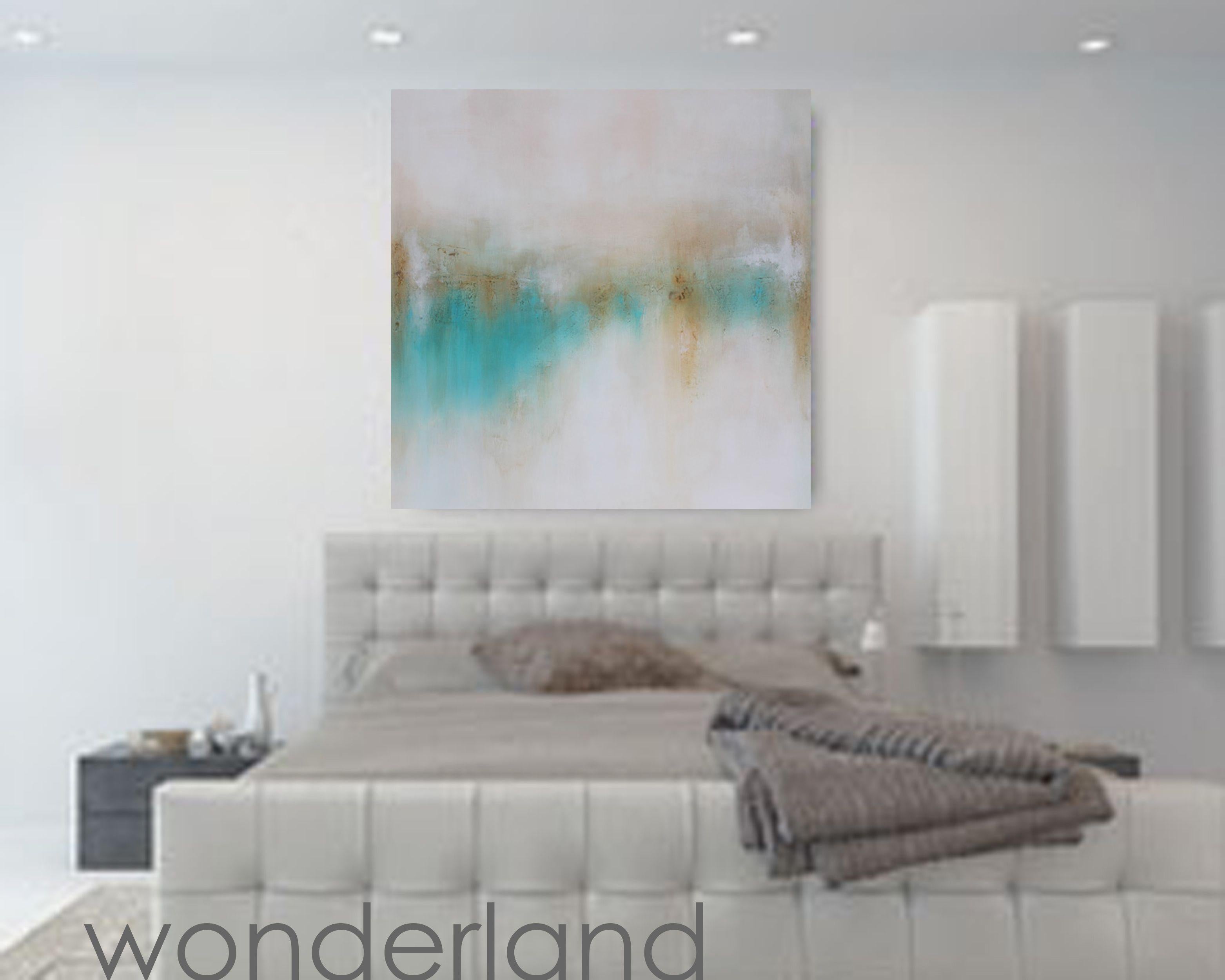 Wonderland is a moderately textured original modern abstract-landscape. Shade of light teal/turquoise, warm gold/brown, taupe, whites on gallery-wrapped/stretched canvas. Acrylic and mediums on primed and wrapped canvas.    40