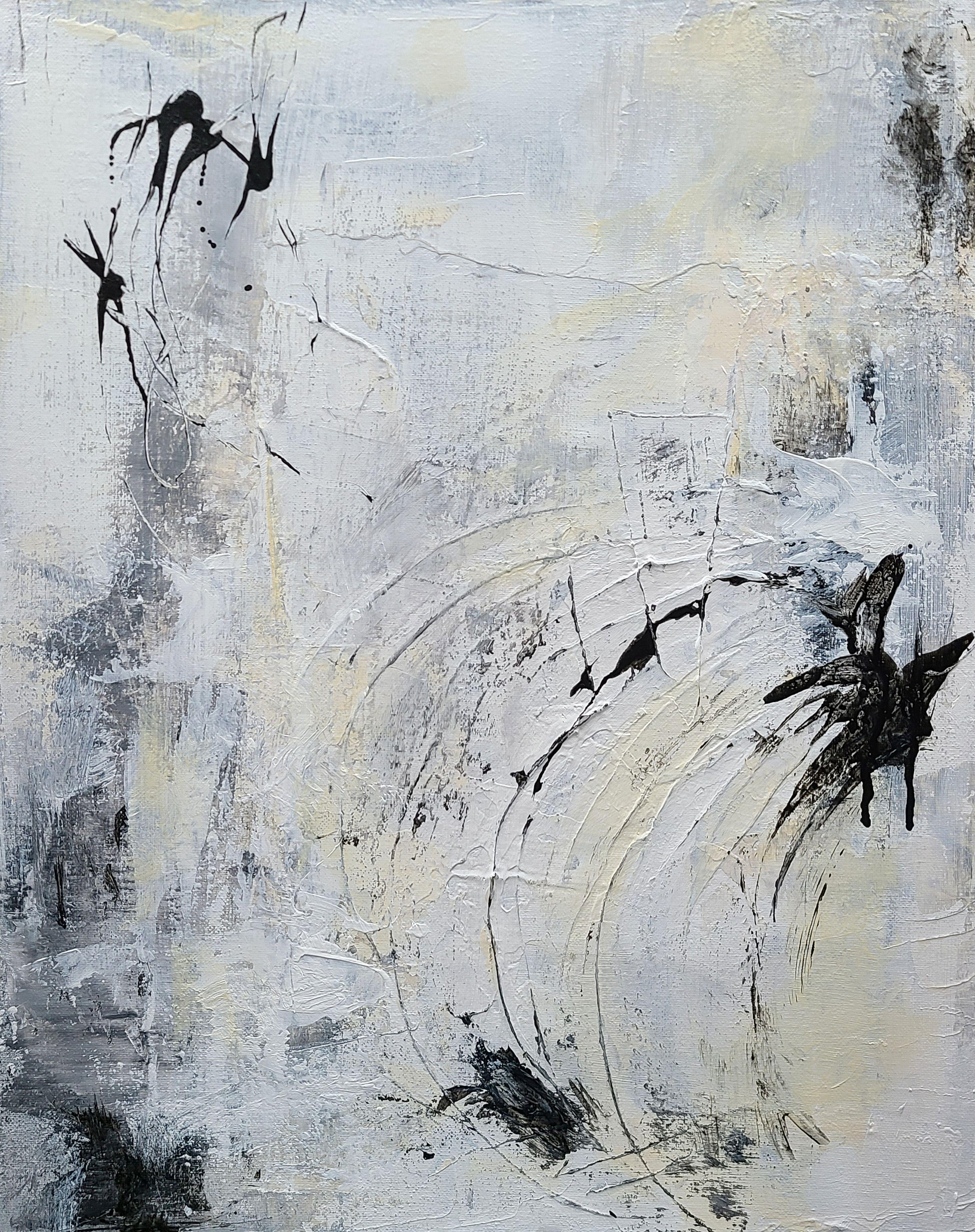 FINAL OPUS is an original abstract textured painting. Created with acrylics and mediums on gallery-wrapped, stretched canvas. Sides (1.5") finished in black. Ready to hang. Neutral colors: White, black, greys, cream/off white. Some surface texture.
