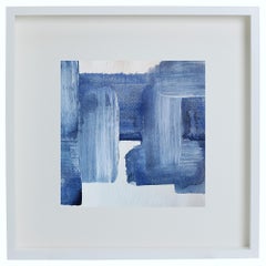 GEO, Original Framed Contemporary Blue and White Abstract Painting on Paper