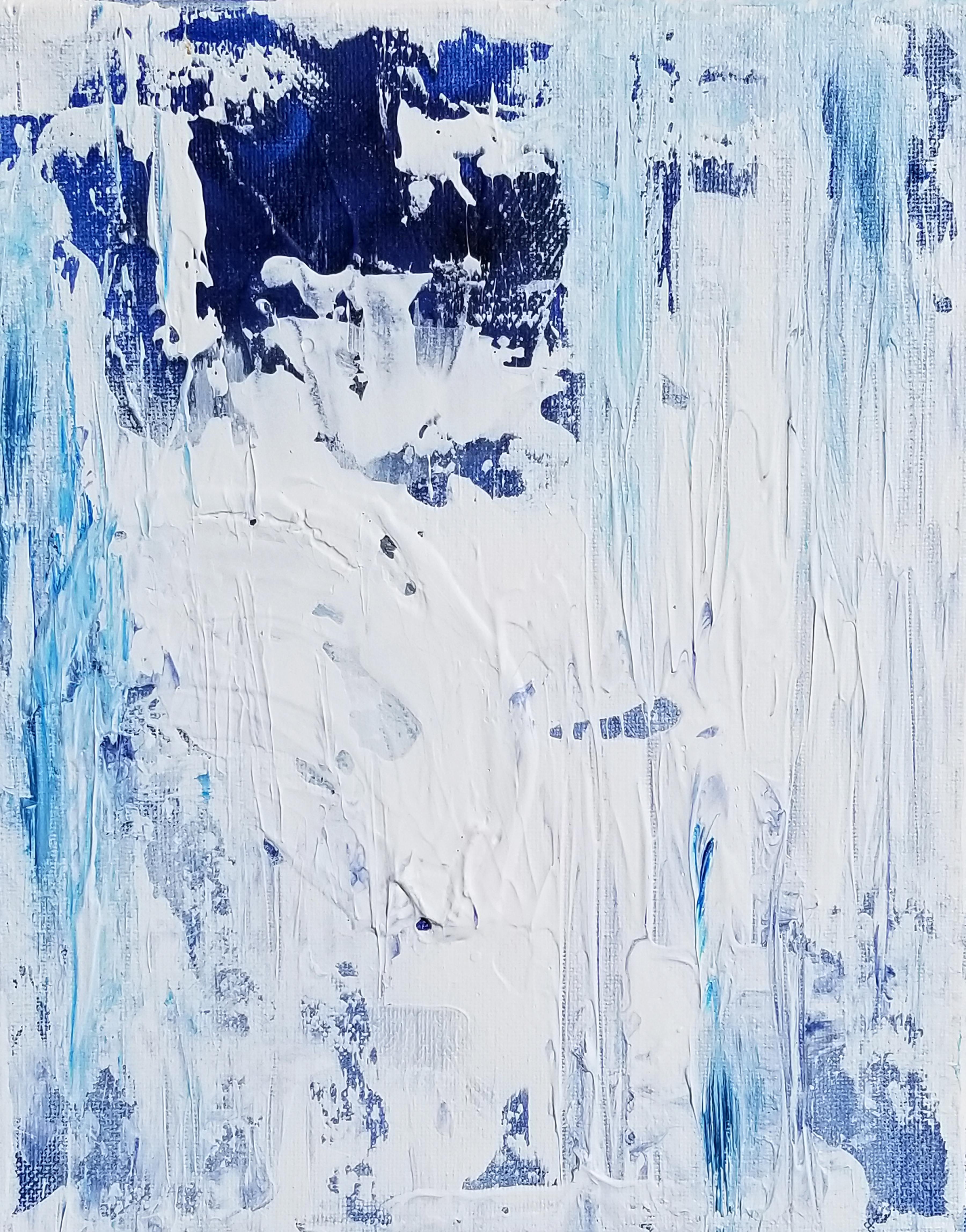 Abstract Painting di Kr Moehr - Pouring Down, quadro astratto contemporaneo blu e bianco originale e firmato