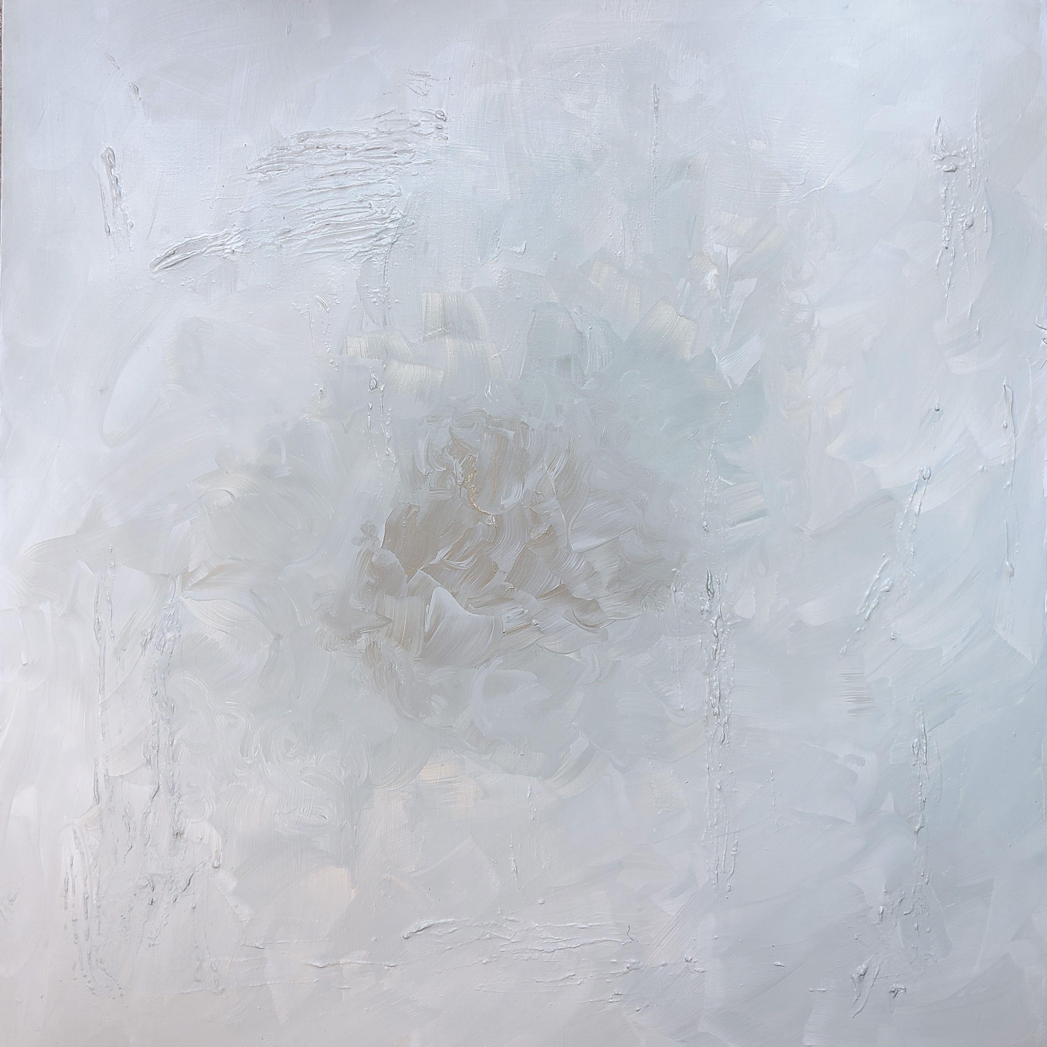WHITE FLOWER is an original abstract painting created with acrylics and mediums (textures) on stretched, gallery-wrapped canvas. This painting will be shipped ready to hang. Soft whites, bronze and greys with surface texture compose this artwork. A