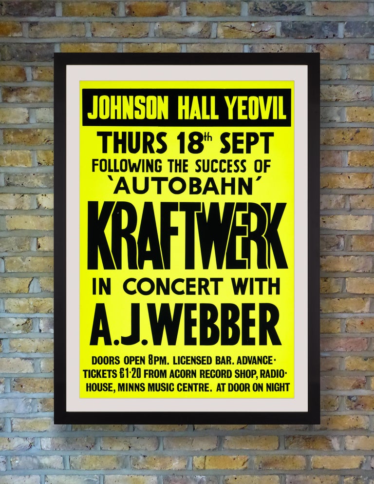A rare silkscreen concert poster for one of the first UK performances by German electronic music pioneers Kraftwerk at Johnson Hall in Yeovil, England, on Thursday 18th September 1975, with support from Somerset folk singer A.J. Webber. Formed as a