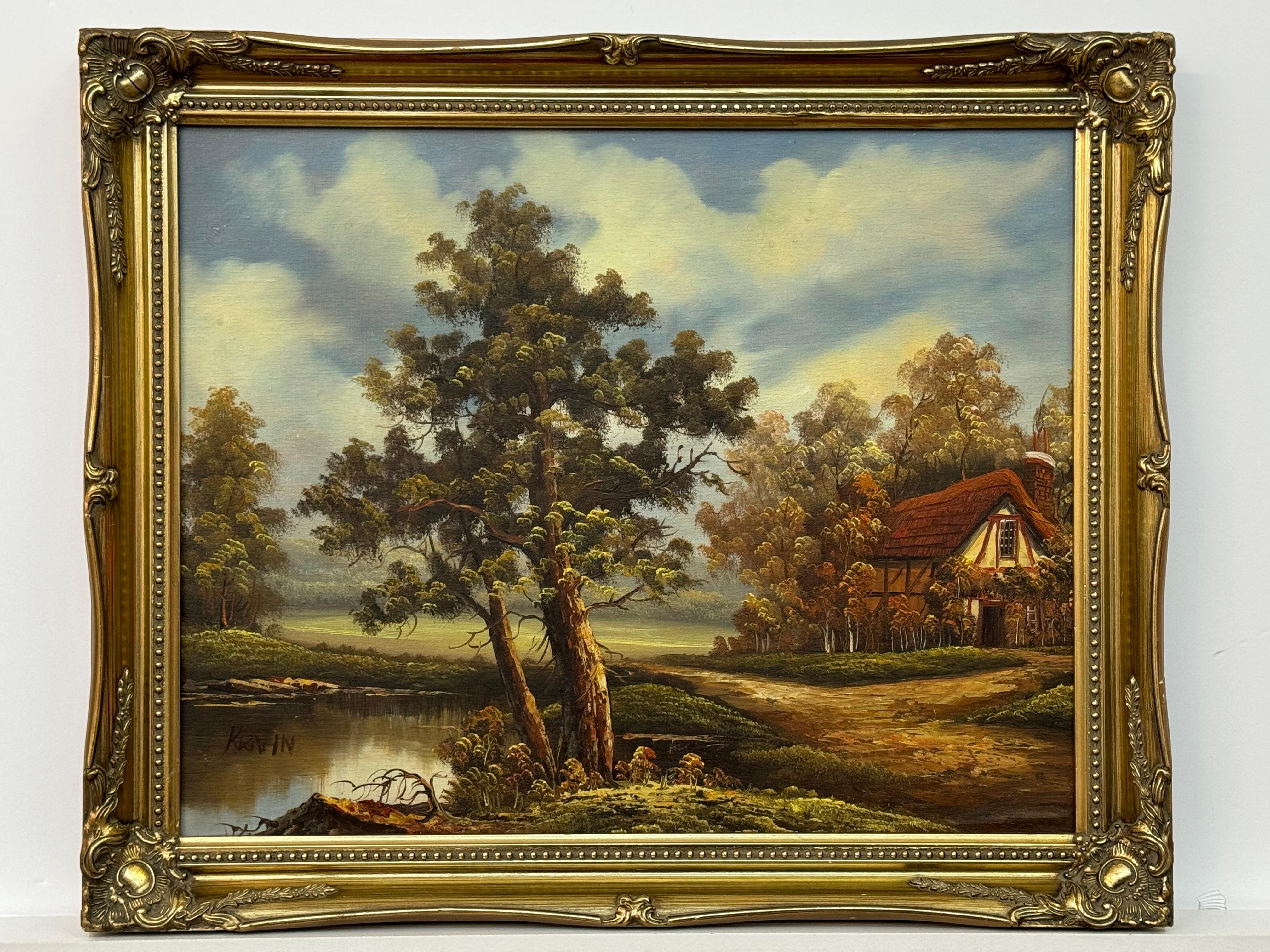 Serene Landschaftsssszene mit Bäumen, einem Tranquil-Teich und einem charmanten Haus – Painting von Krahn