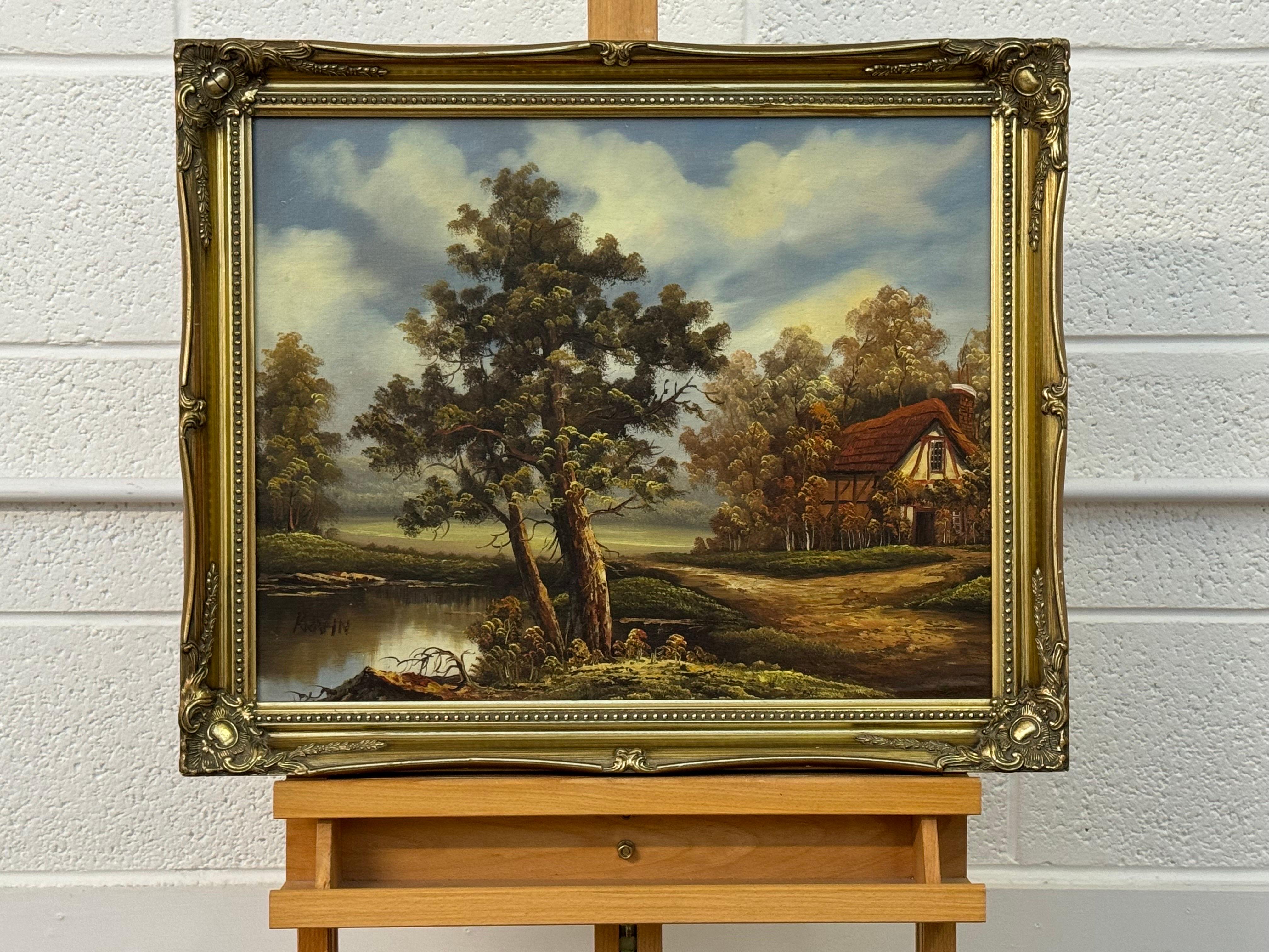 Serene Landschaftsssszene mit Bäumen, einem Tranquil-Teich und einem charmanten Haus (Realismus), Painting, von Krahn
