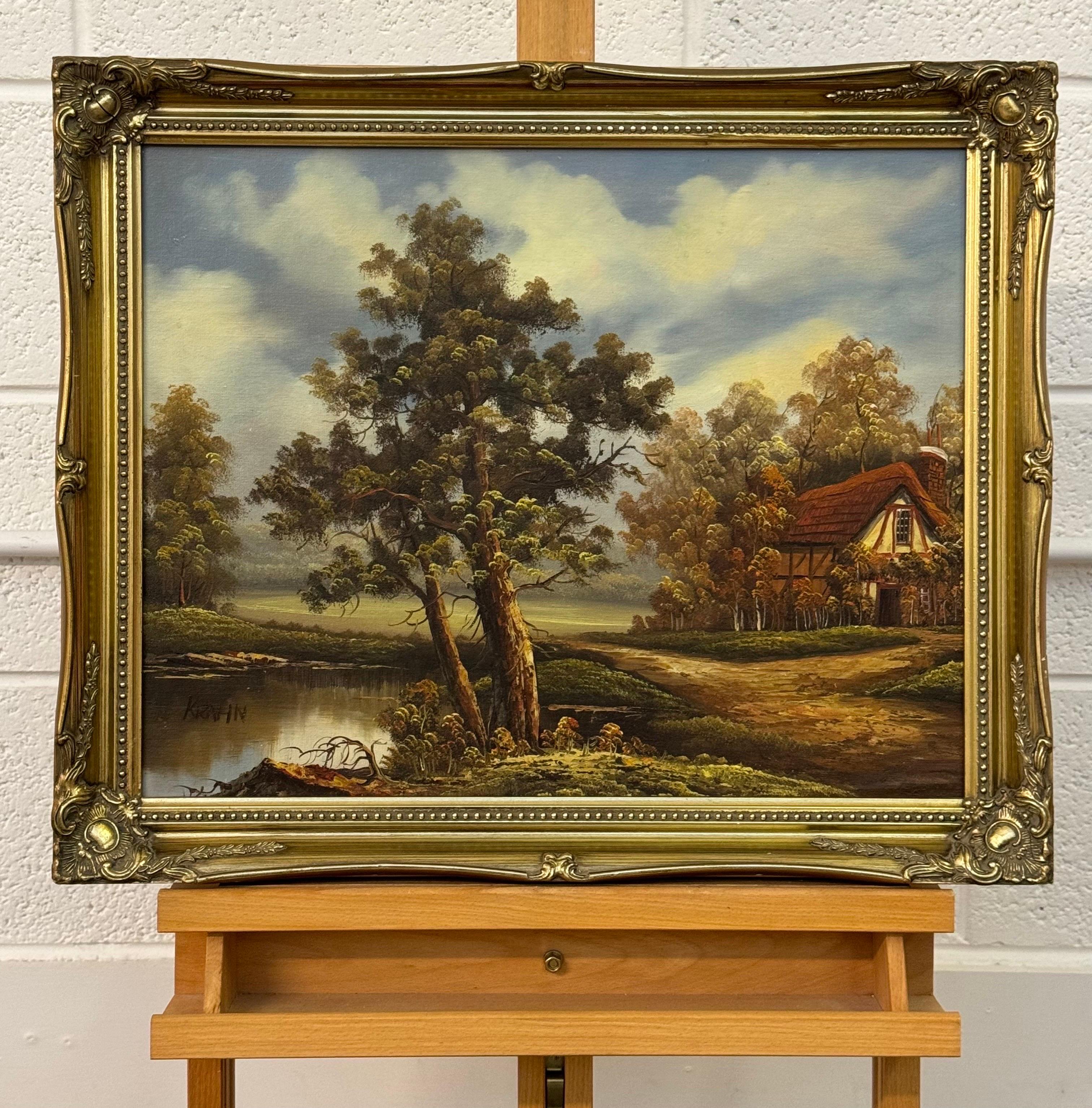 Serene Landschaftsssszene mit Bäumen, einem Tranquil-Teich und einem charmanten Haus im Angebot 1