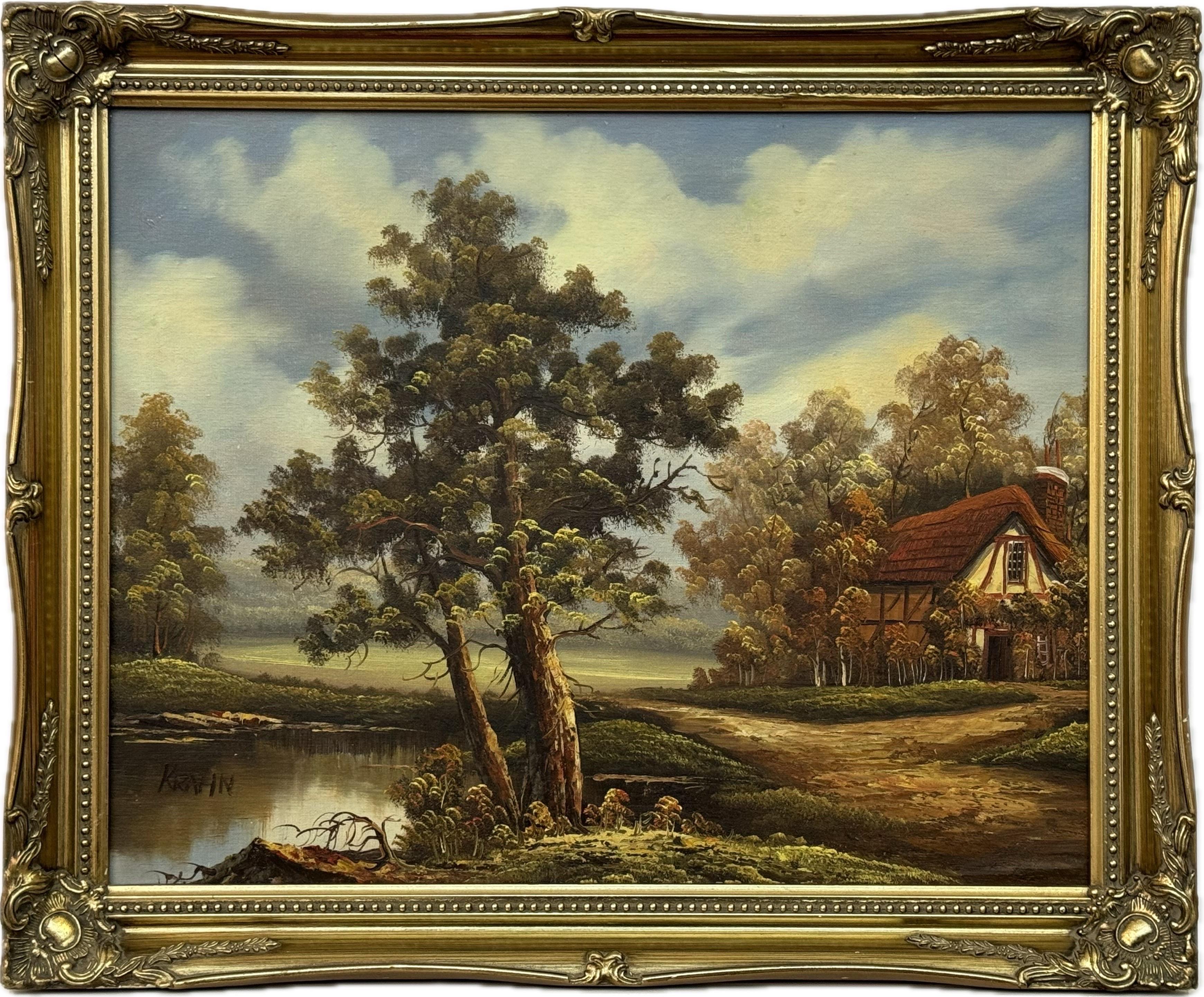 Una serena scena di campagna con alberi, un tranquillo stagno e un incantevole cottage