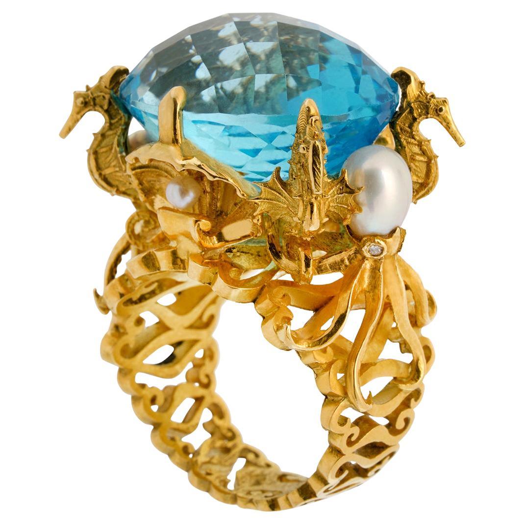 Kraken Ring 18 Karat Yellow Gold with Swiss Blue Topaz, Diamonds and Pearls