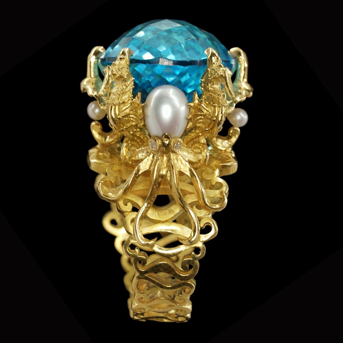 Kraken Ring 18 Karat Yellow Gold with Swiss Blue Topaz, Diamonds and Pearls 2