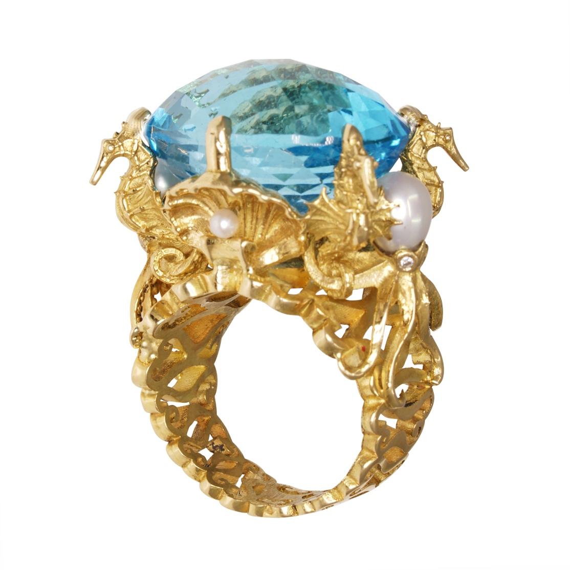 Women's or Men's Kraken Ring 18 Karat Yellow Gold with Swiss Blue Topaz, Diamonds and Pearls