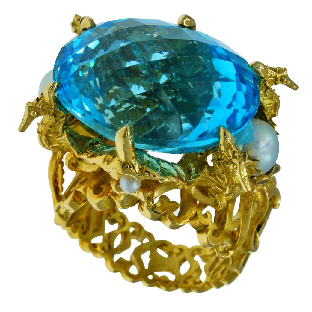 Kraken Ring 18 Karat Yellow Gold with Swiss Blue Topaz, Diamonds and Pearls 1