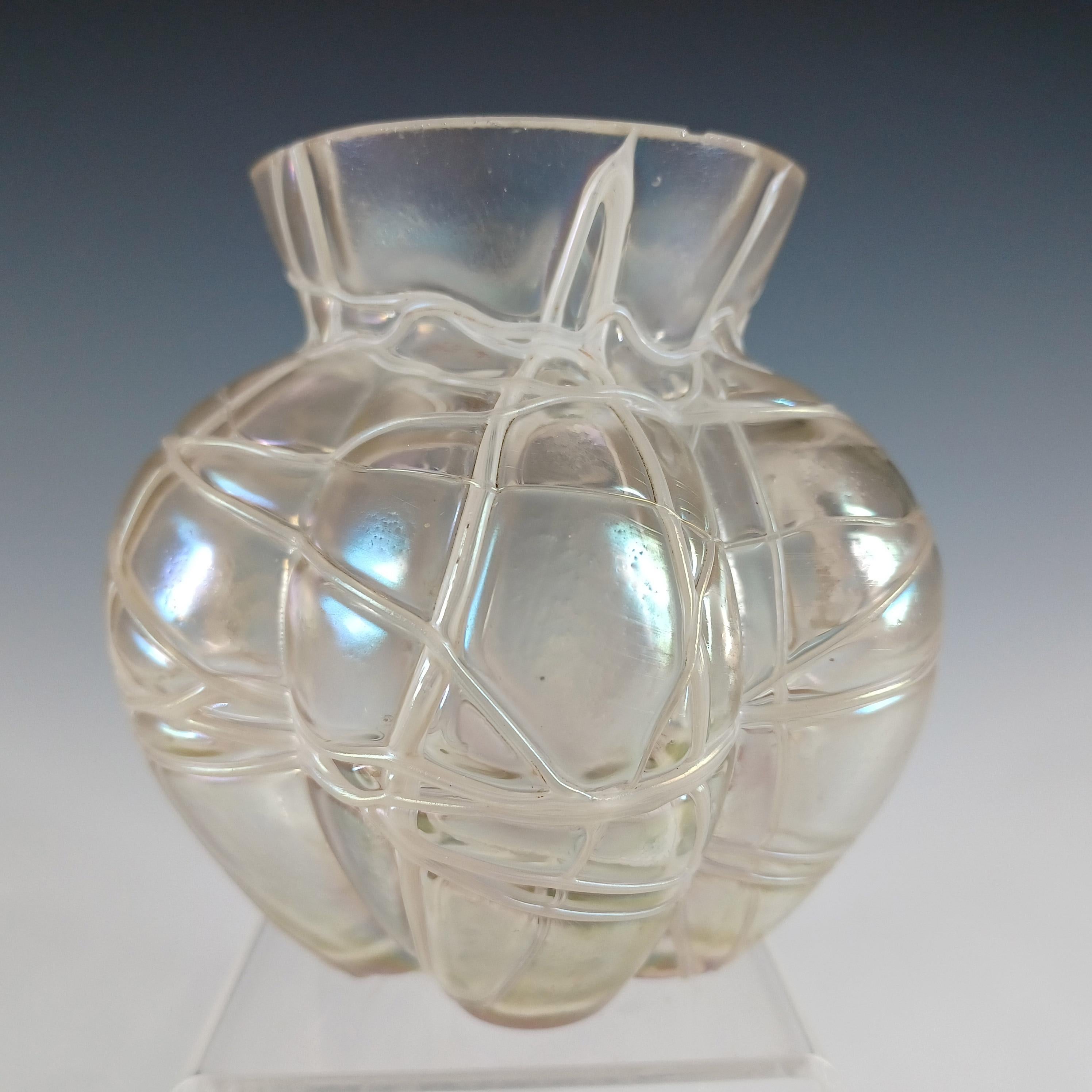 A beautiful Czech / Bohemian iridescent glass vase with white veined threading, from the late 19th century art nouveau period. Made by Kralik, this design is shown on the Kralik website.

Please note: Although this vase is obviously too small to