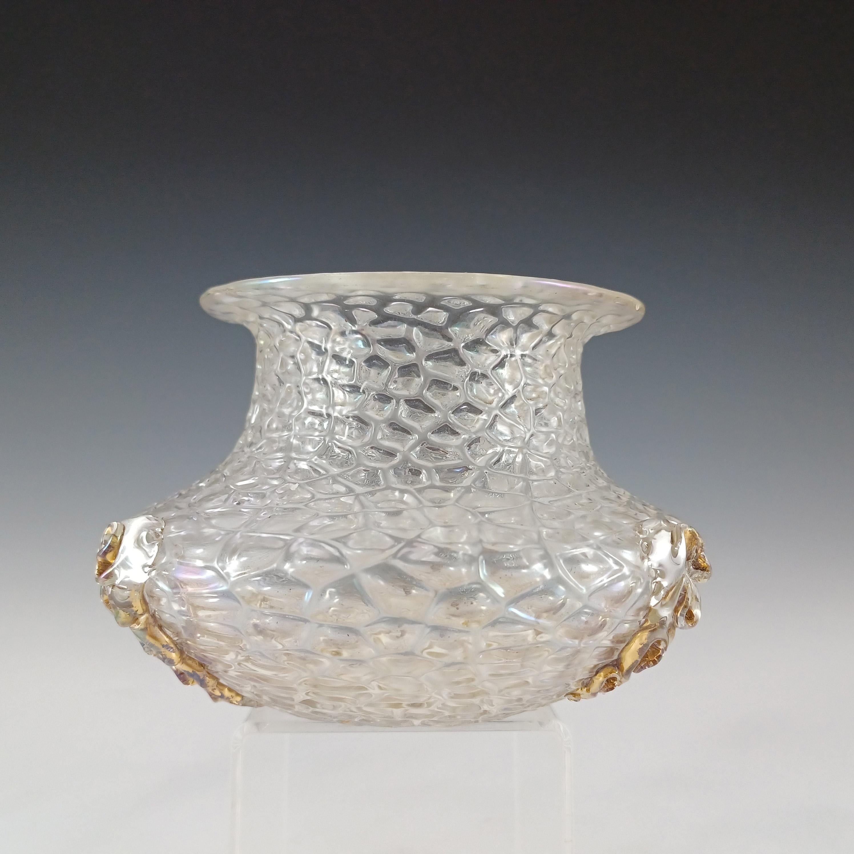 Here we have a beautiful Austrian clear glass vase with gold gilted applied trailed decoration, from the late 19th century art nouveau period. Has a stunning oily, iridescent finish. Made by Kralik, part of the 