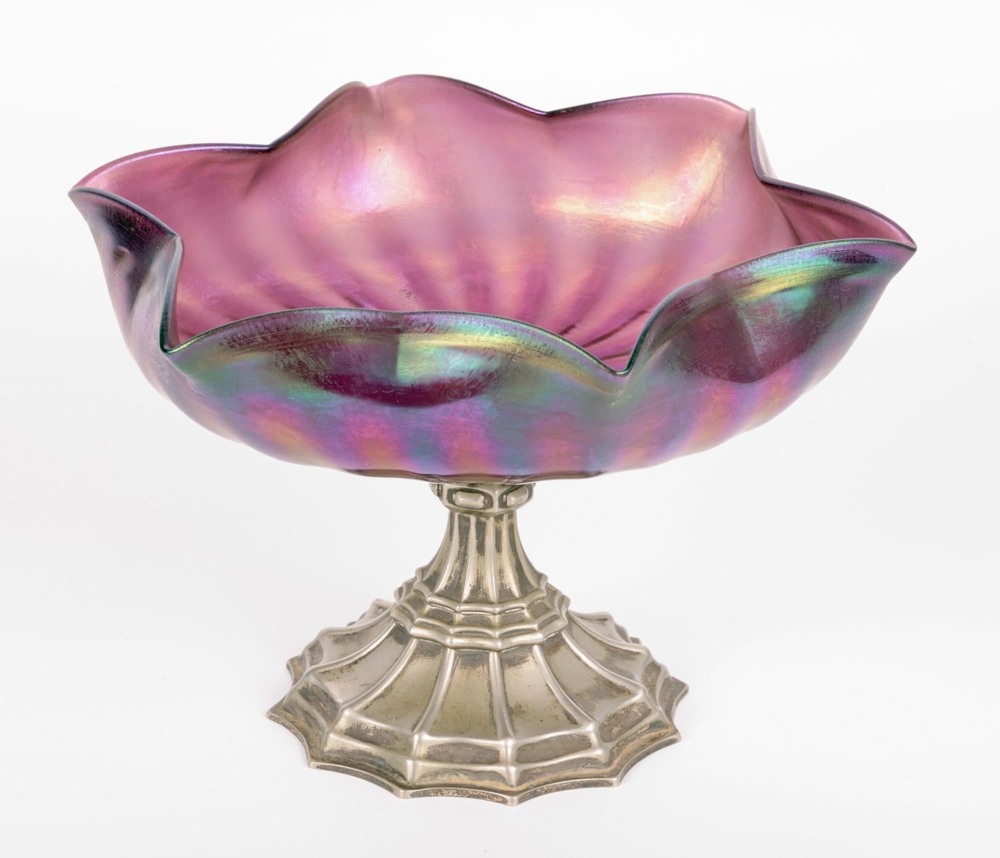 Metal Kralik Art Nouveau Iridescent Glass Pedestal Mounted Bowl For Sale