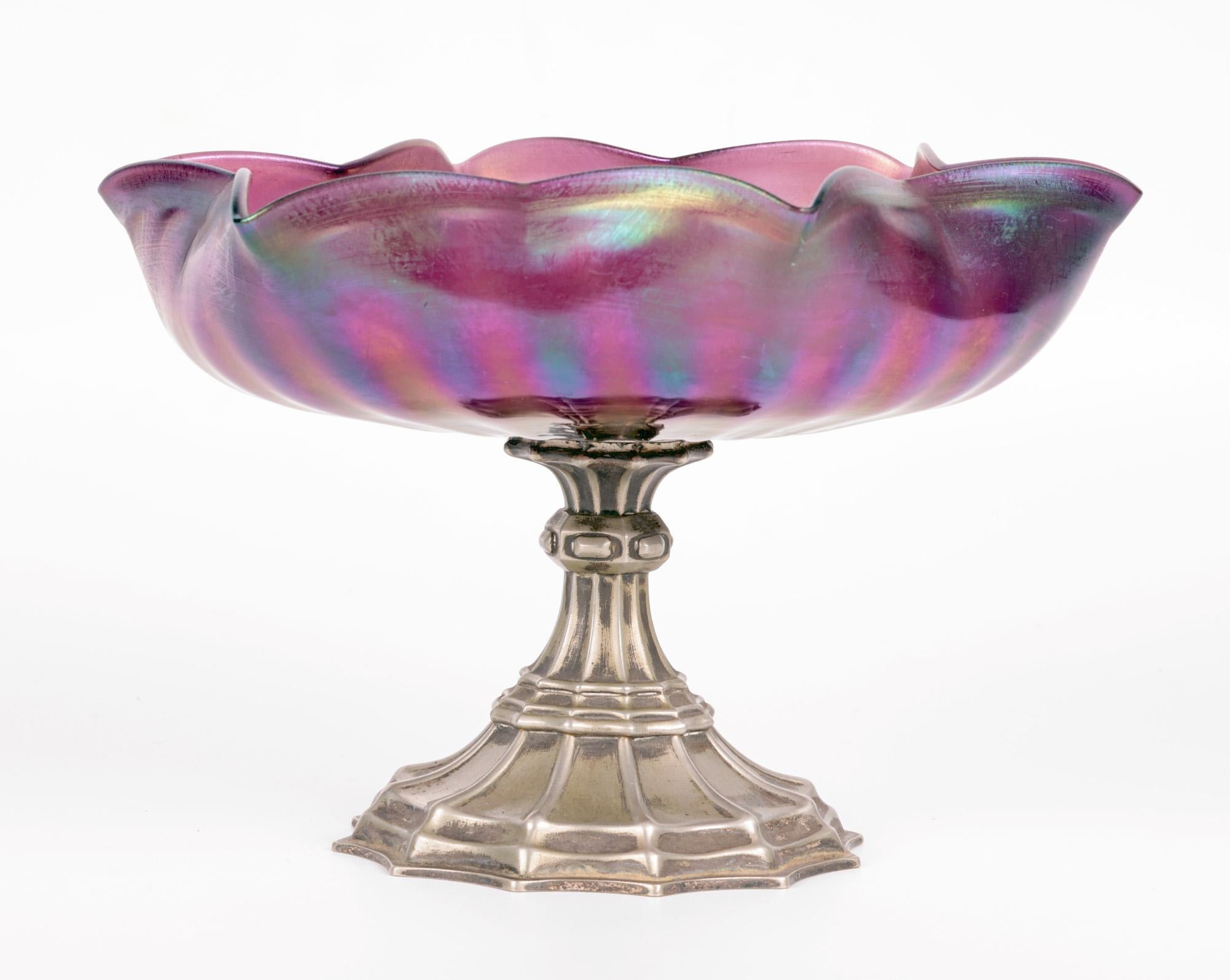 Hand-Crafted Kralik Art Nouveau Iridescent Glass Pedestal Mounted Bowl For Sale