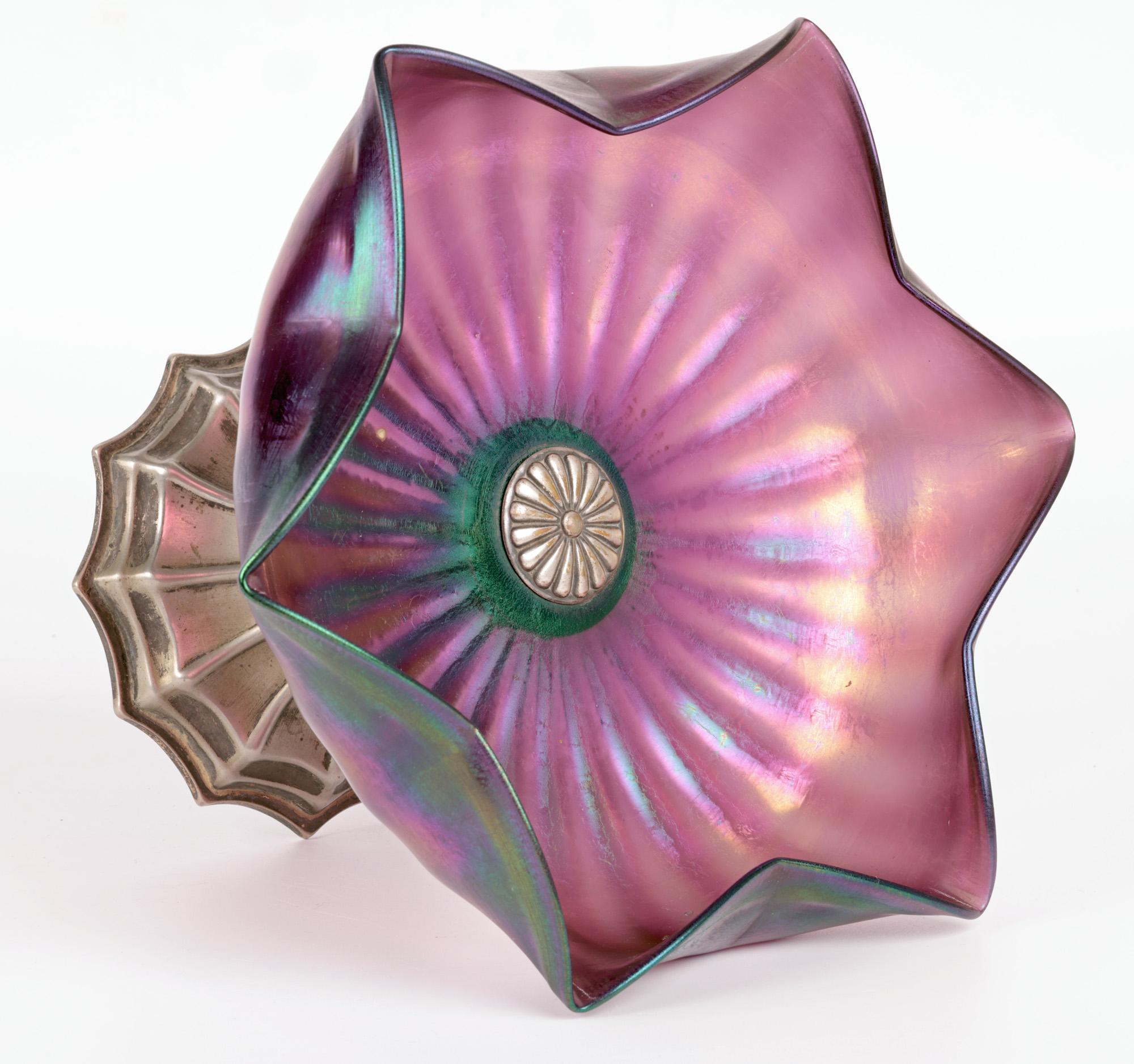 Hand-Crafted Kralik Art Nouveau Iridescent Glass Pedestal Mounted Bowl For Sale