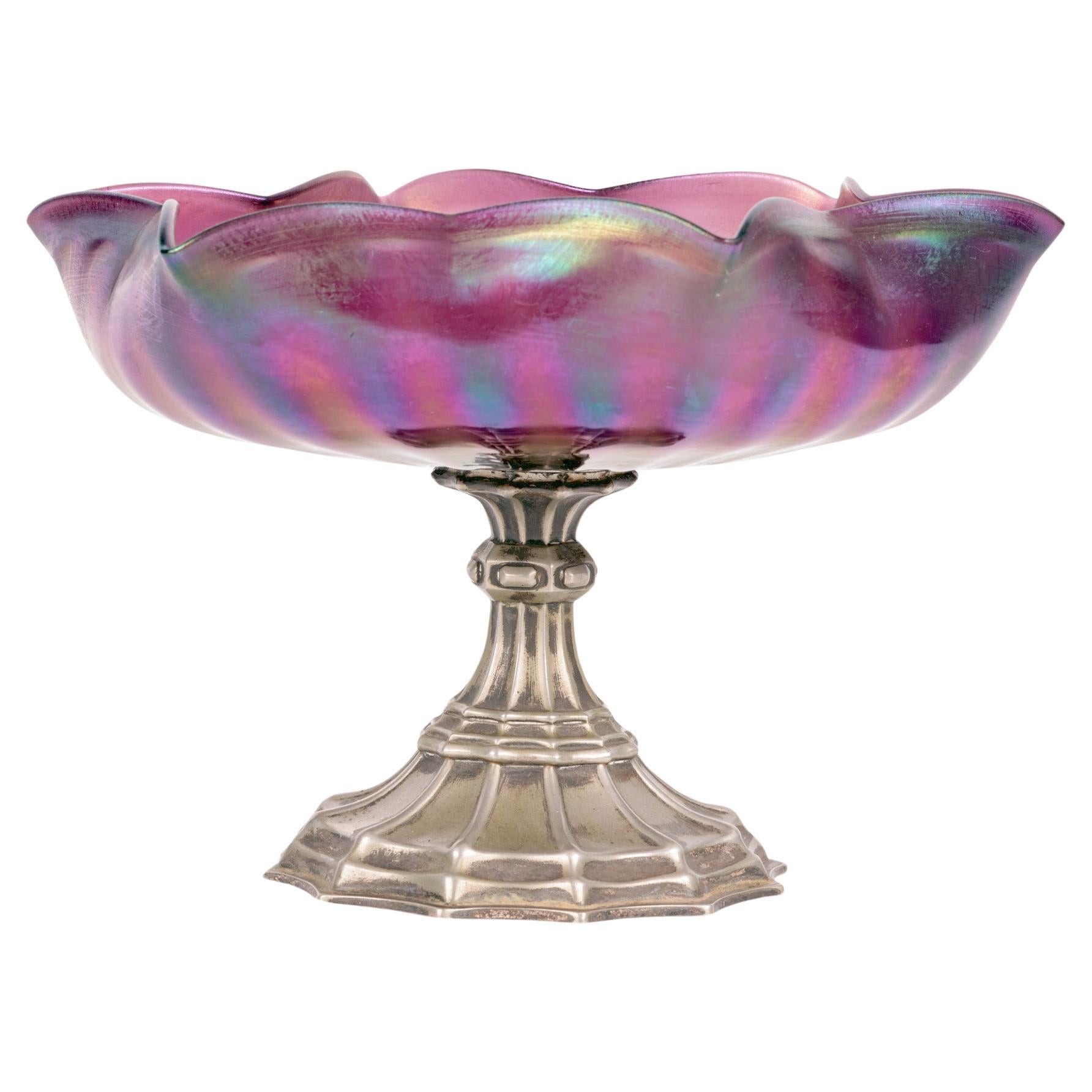 Kralik Art Nouveau Iridescent Glass Pedestal Mounted Bowl For Sale