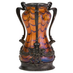 Kralik Art Nouveau Metal Mounted Iridescent Art Glass Vase, 1900