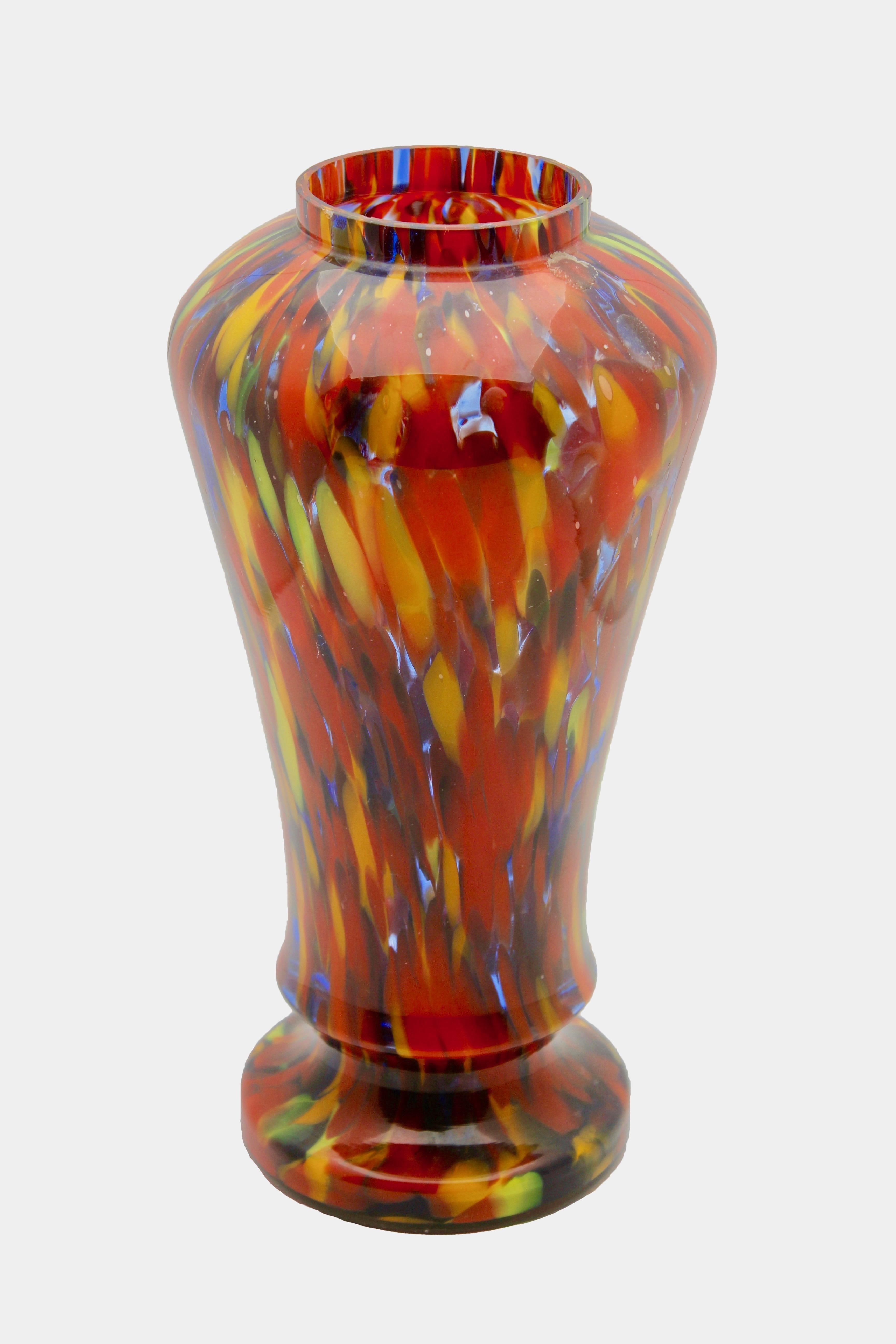 Art Nouveau Kralik Baluster Vase with Fire Decor, Multicolored Spatterglass 'End-of-Day'