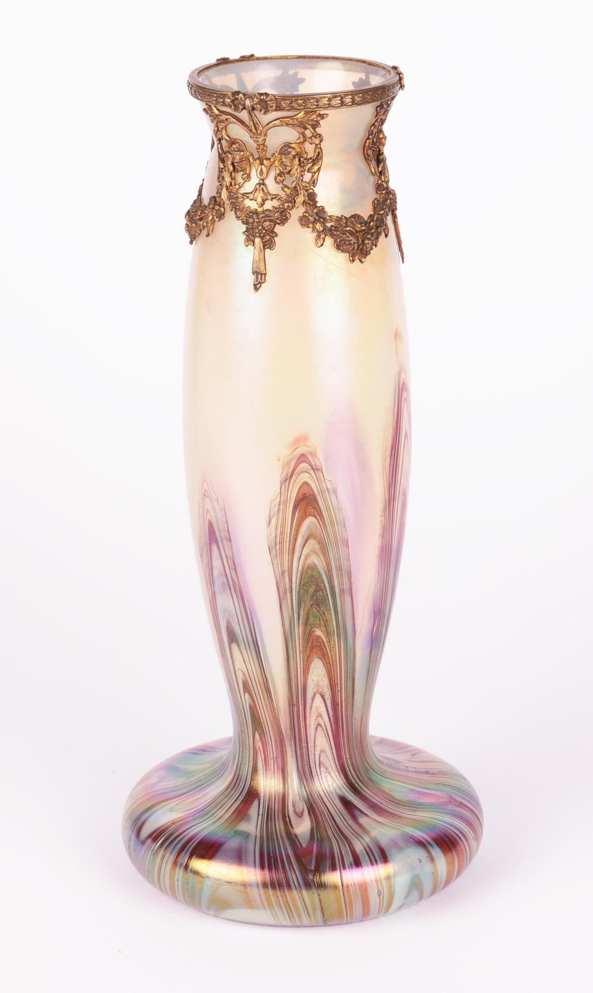 Kralik Bohemian Bronze Mounted Iridescent Art Glass Vase 6
