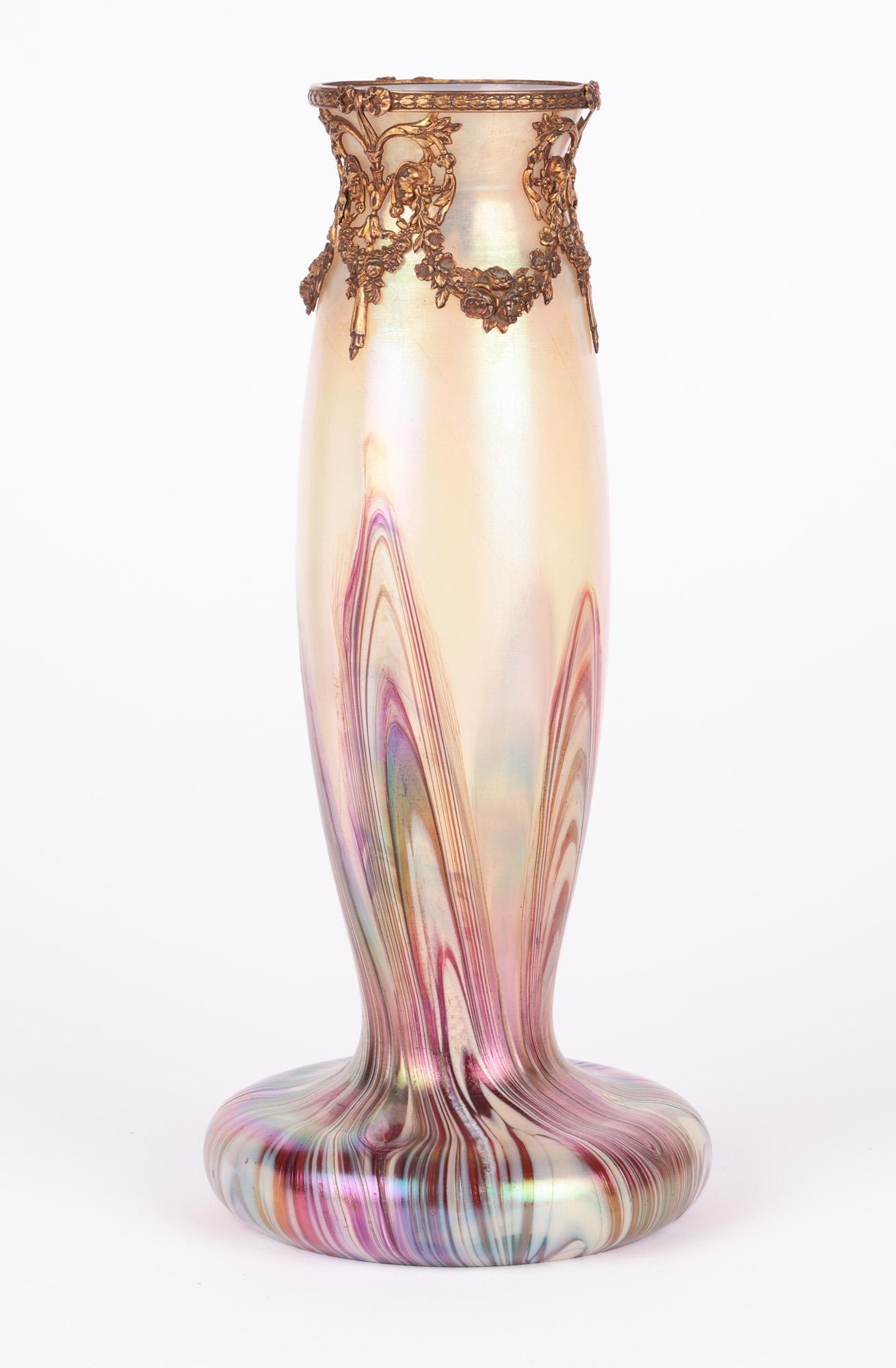 Kralik Bohemian Bronze Mounted Iridescent Art Glass Vase 12