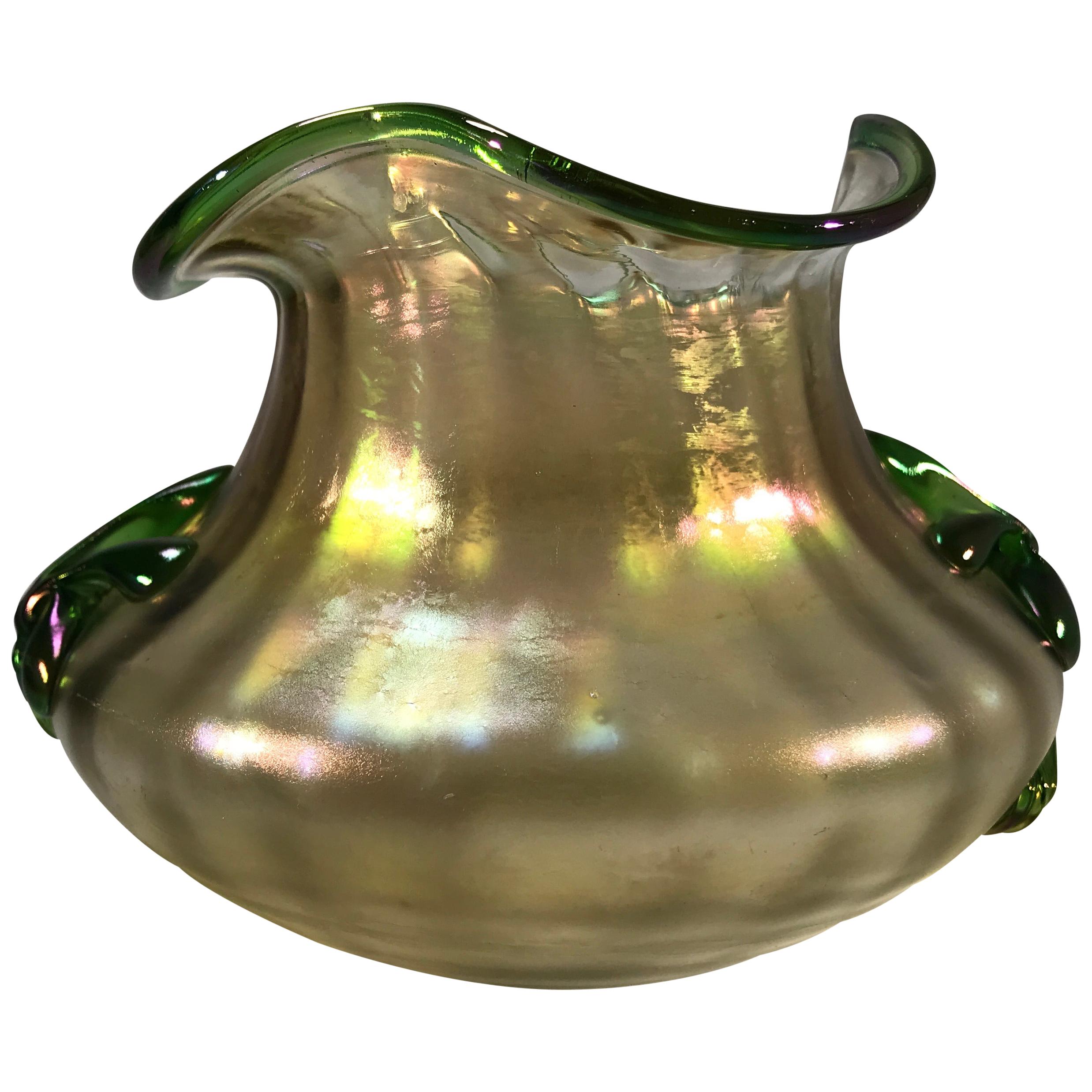 Kralik Glassworks Art Deco Iridescent Bohemian Organic Vase Applied Floral 1900s